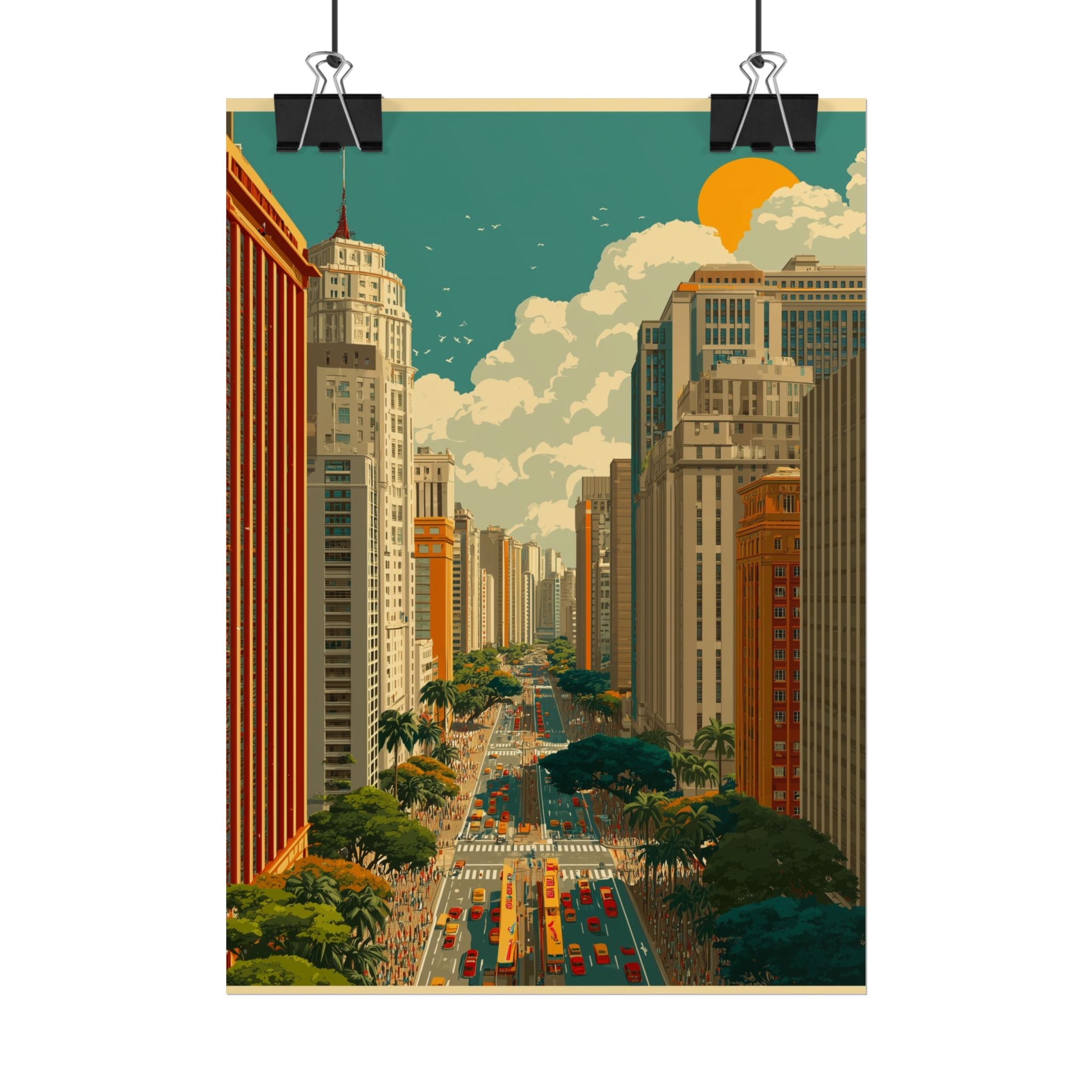 Urban Vibrancy: Retro Sao Paulo Skyline, Mid-Century Modern Cityscape   |    Custom Orders Available