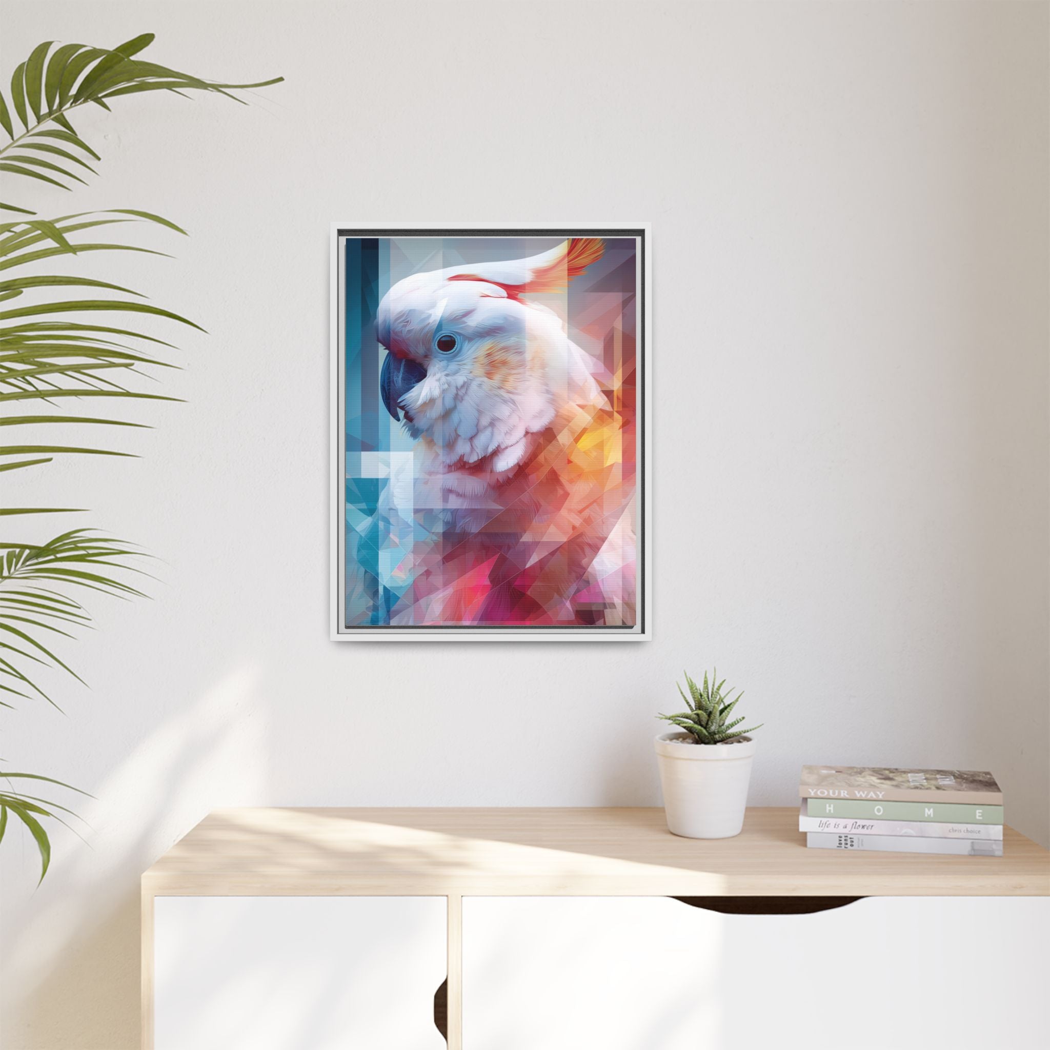 Fractured Cockatoo Framed Print: Geometric Wildlife Art, Low-Poly Digital Illustration   |  Personalized & Custom Orders Available