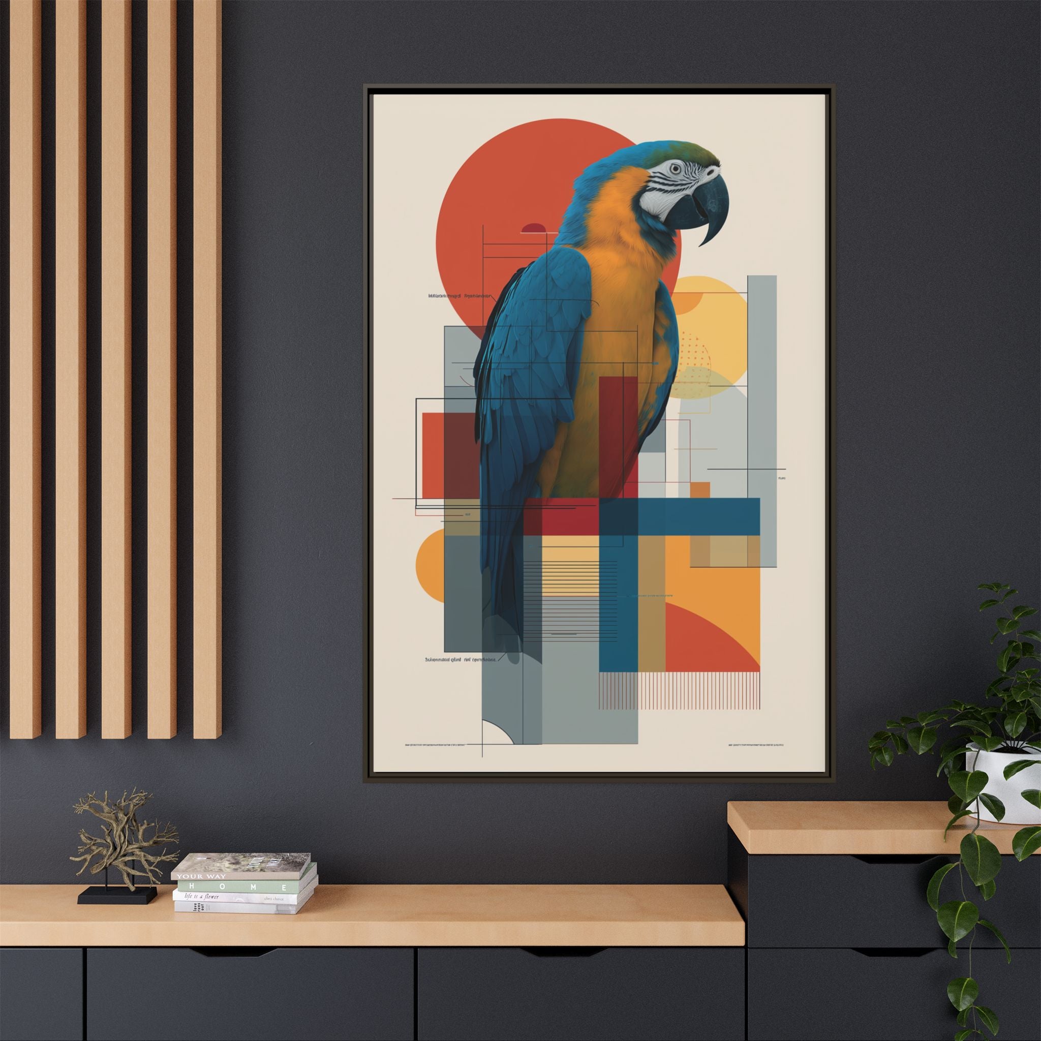 Macaw in Geometric Harmony: Modern Avian Portrait, Architectural Abstract Composition   |    Custom Orders Available