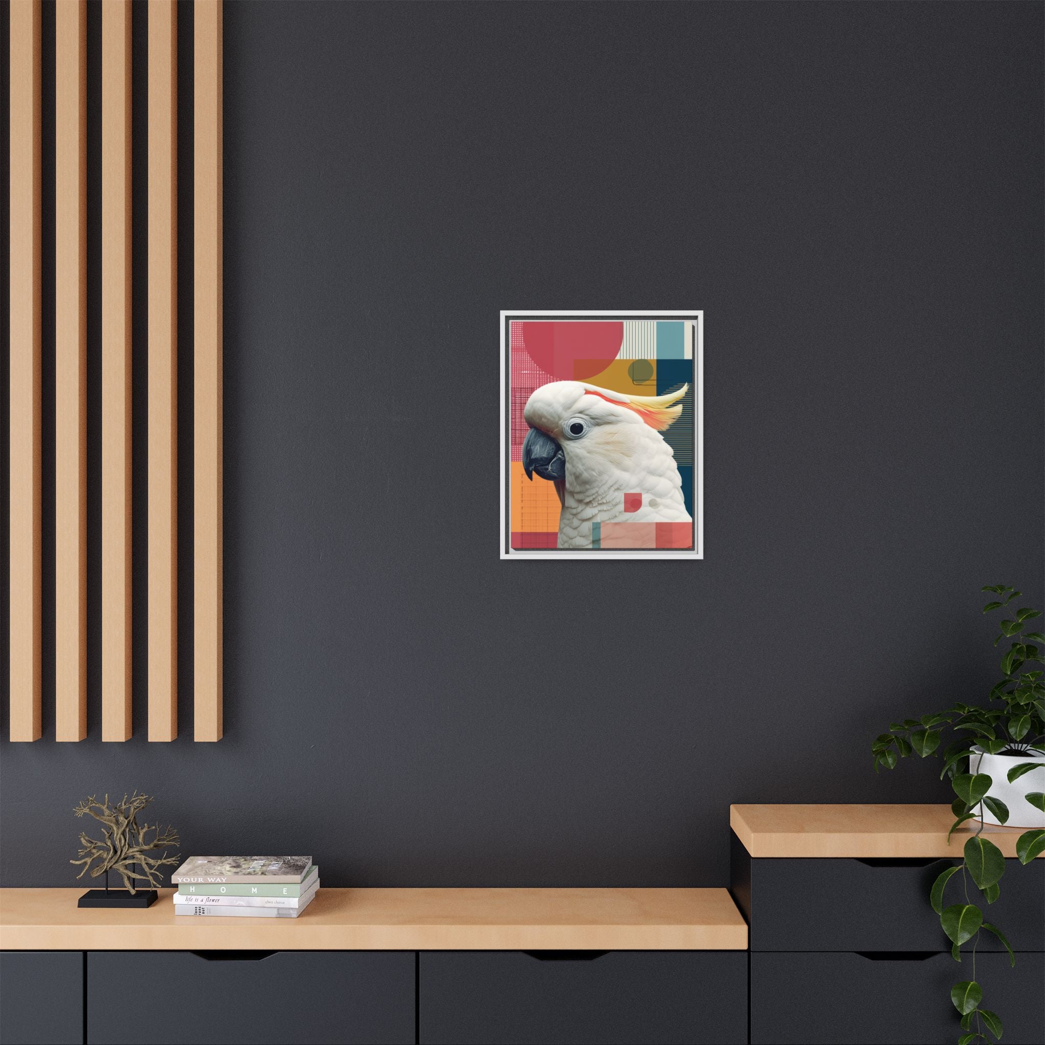 Framed Print, Cockatoo Abstract Geometric Wall Art, Matte Canvas, Colorful Bird Poster, Modern Home Decor, Tropical Animal Painting, Unique