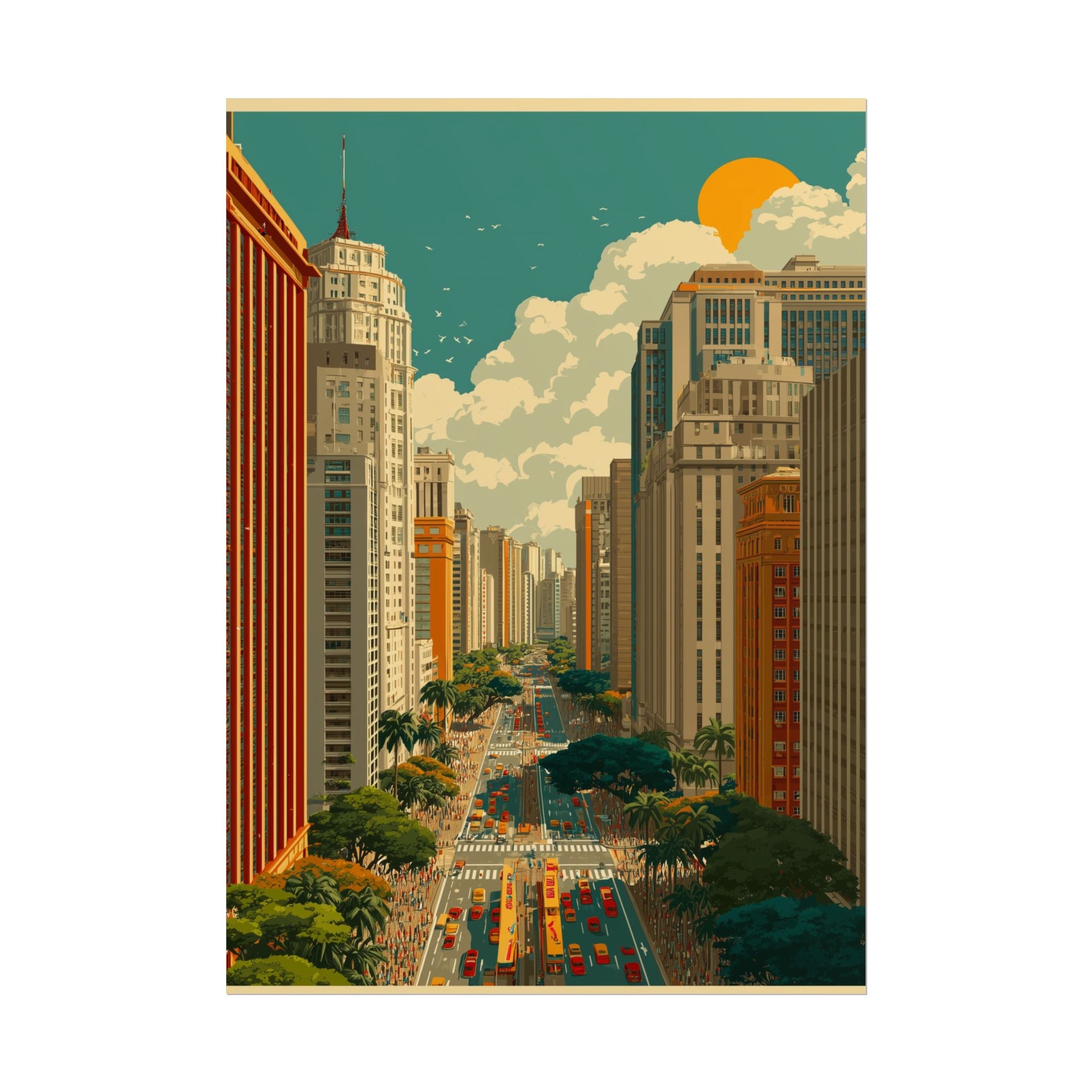 Urban Vibrancy: Retro Sao Paulo Skyline, Mid-Century Modern Cityscape   |    Custom Orders Available