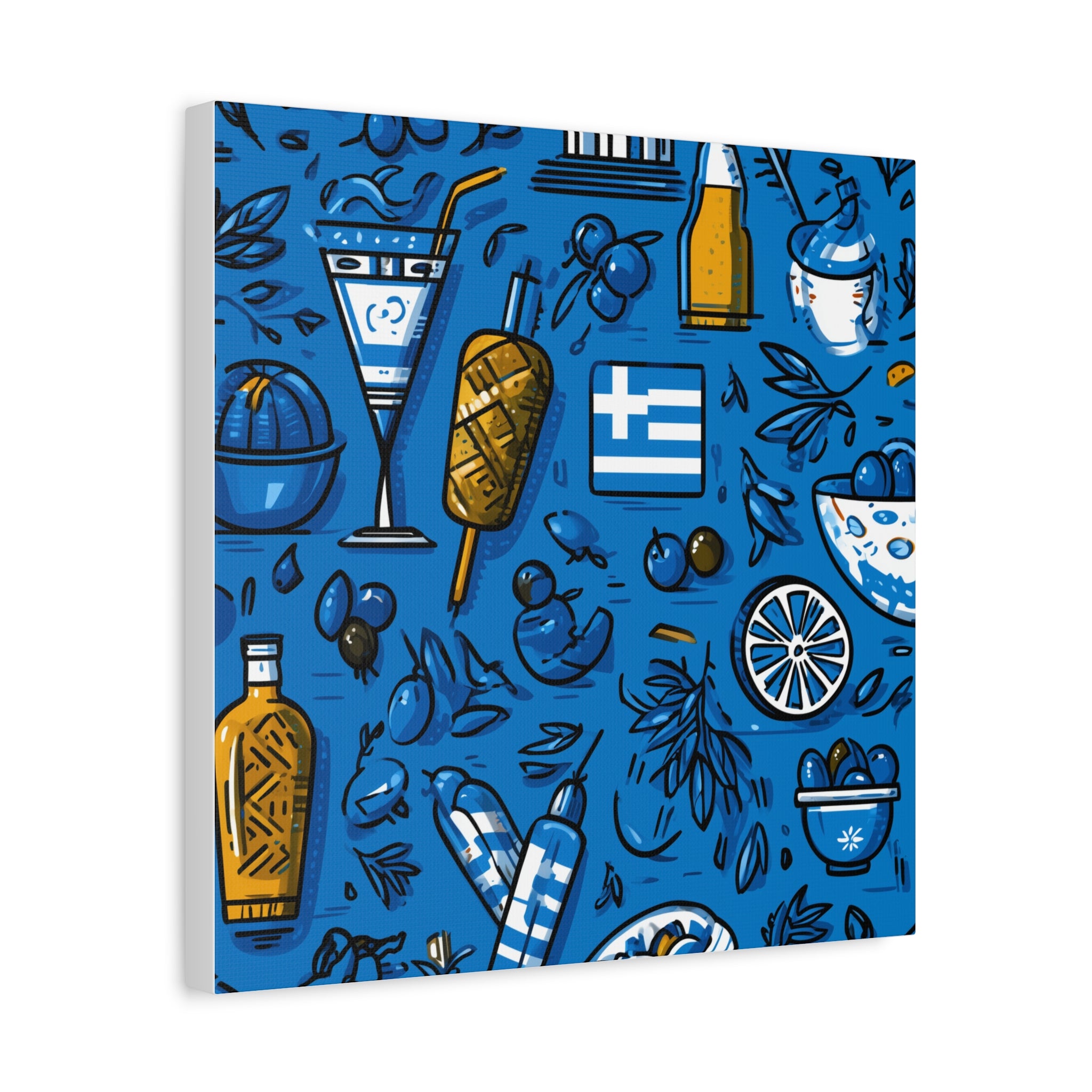 Vibrant Canvas Wall Art, Blue Mediterranean Theme, Kitchen Decor, Greek Party Decor, Olive and Drink Motif