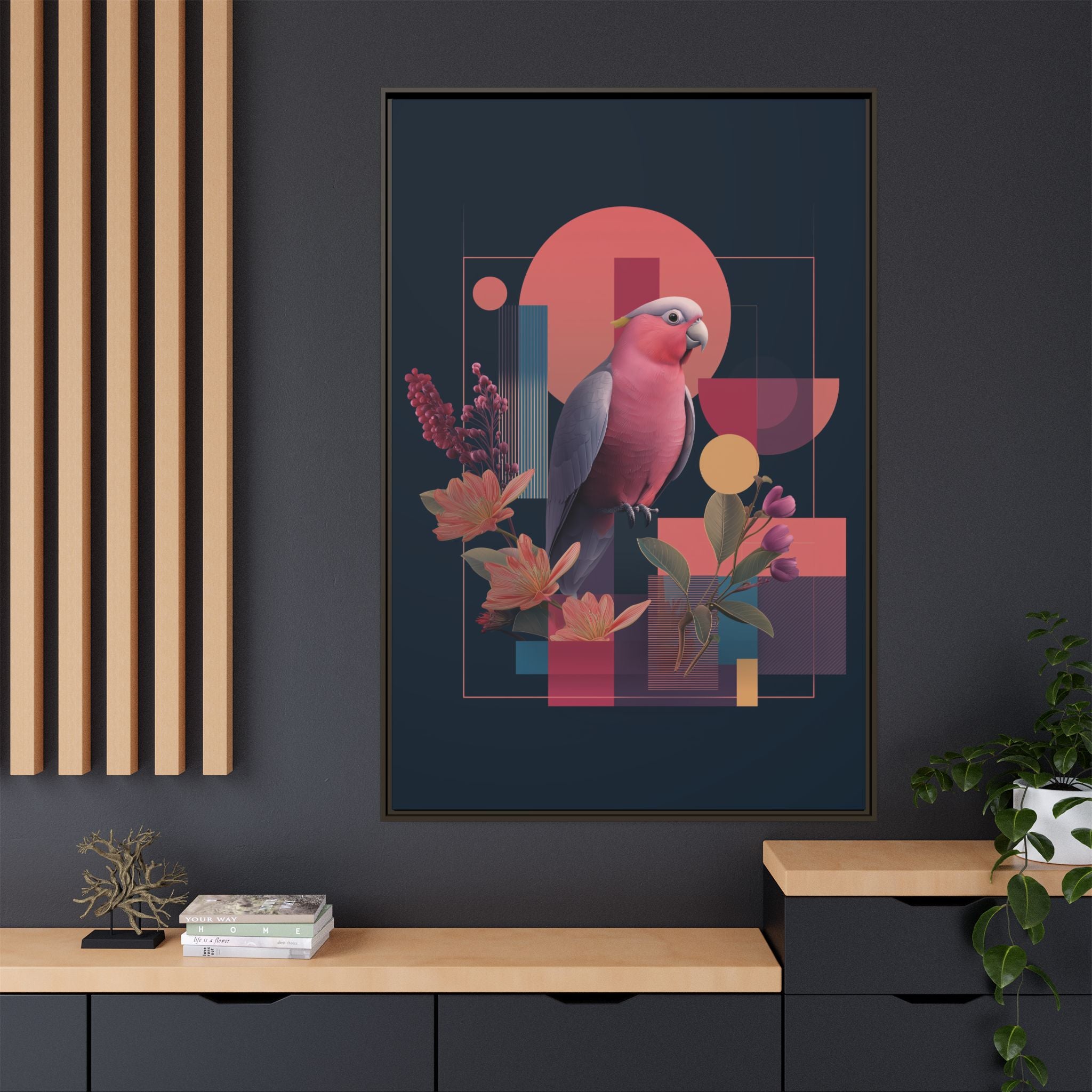 Galah Geometric Framed Print : Stylized Digital Cockatoo Portrait, Contemporary Abstract Botanical    |   Custom Orders Accepted