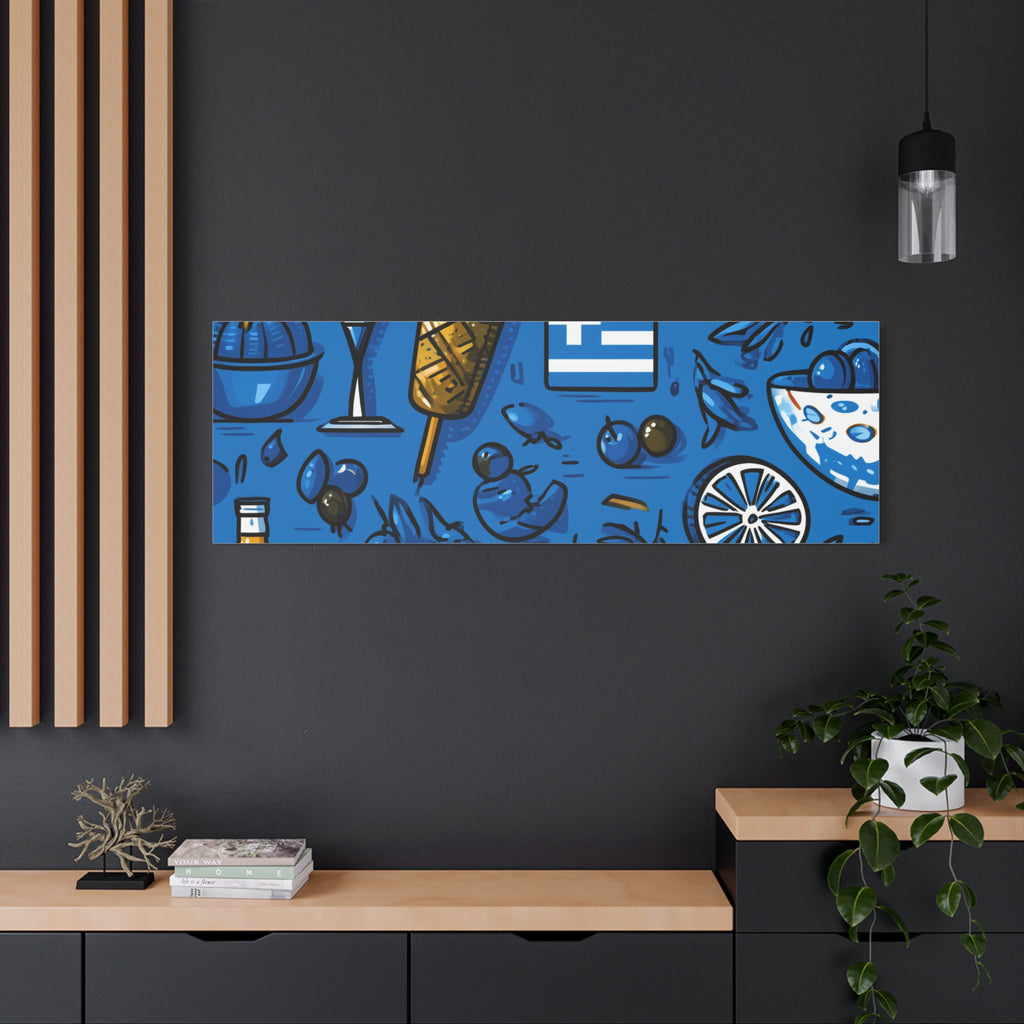 Vibrant Canvas Wall Art, Blue Mediterranean Theme, Kitchen Decor, Greek Party Decor, Olive and Drink Motif