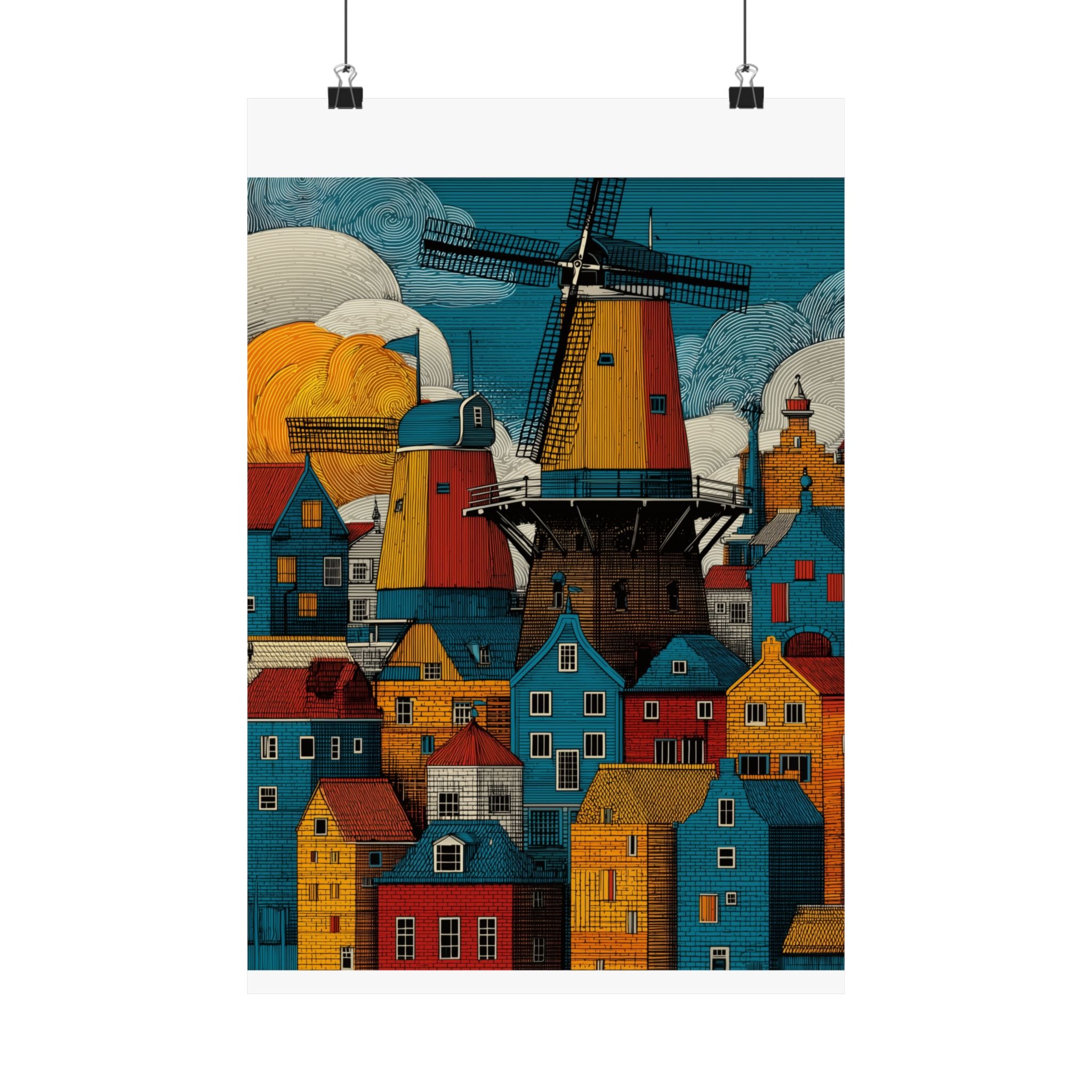 Colorful Windmill Art Print, Home Decor, Vintage Poster, Landscape Wall Art, Gift for Housewarming, Dutch Art Decoration