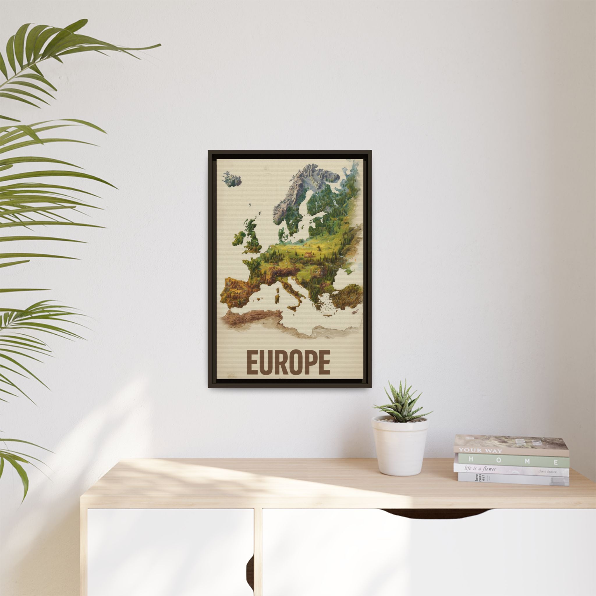 Framed Europe Map Canvas Print — Vintage Landscape Style Wall Art