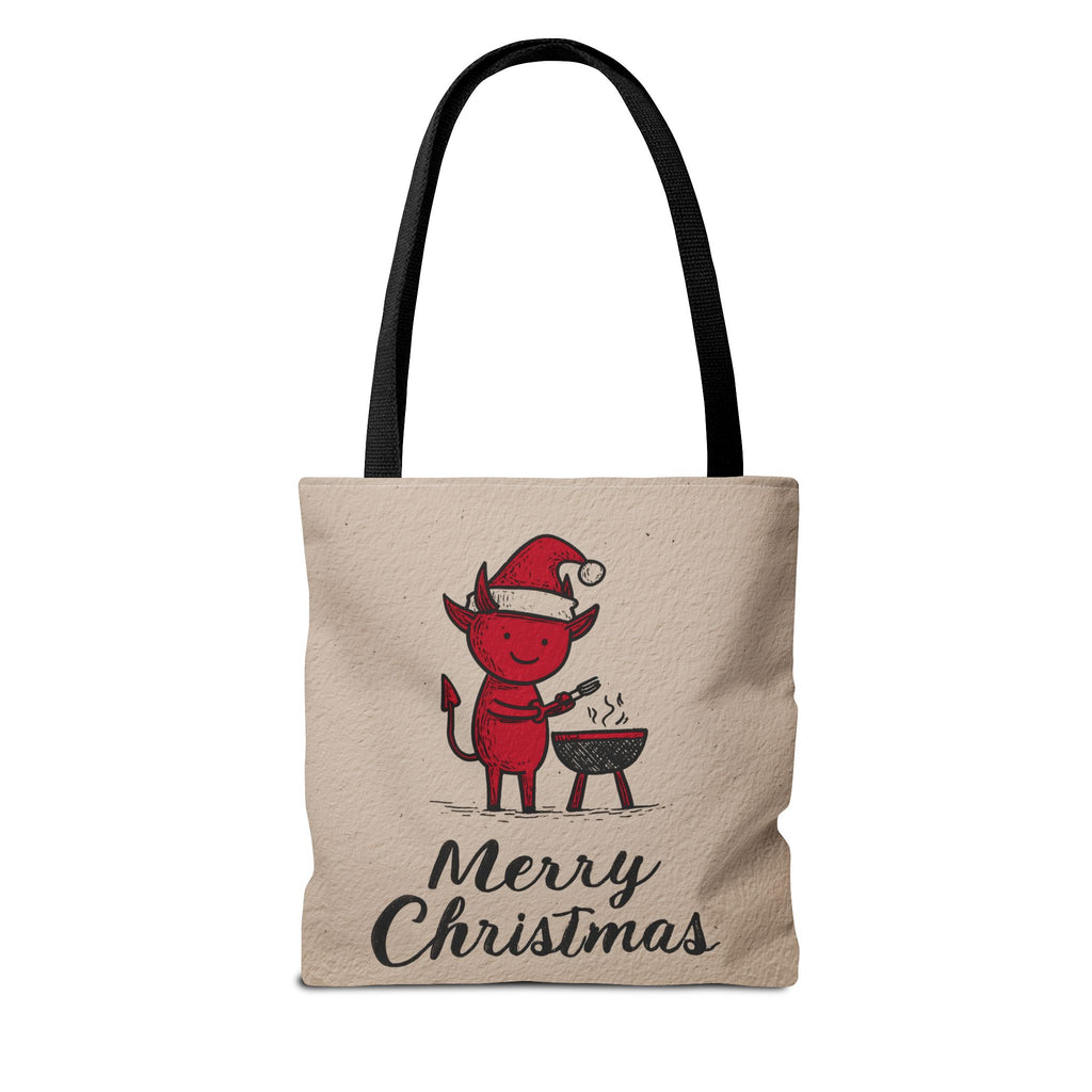 Festive Tote Bag, Christmas Gift, Holiday Shopping Bag, Red Devil BBQ Design, Merry Christmas Tote