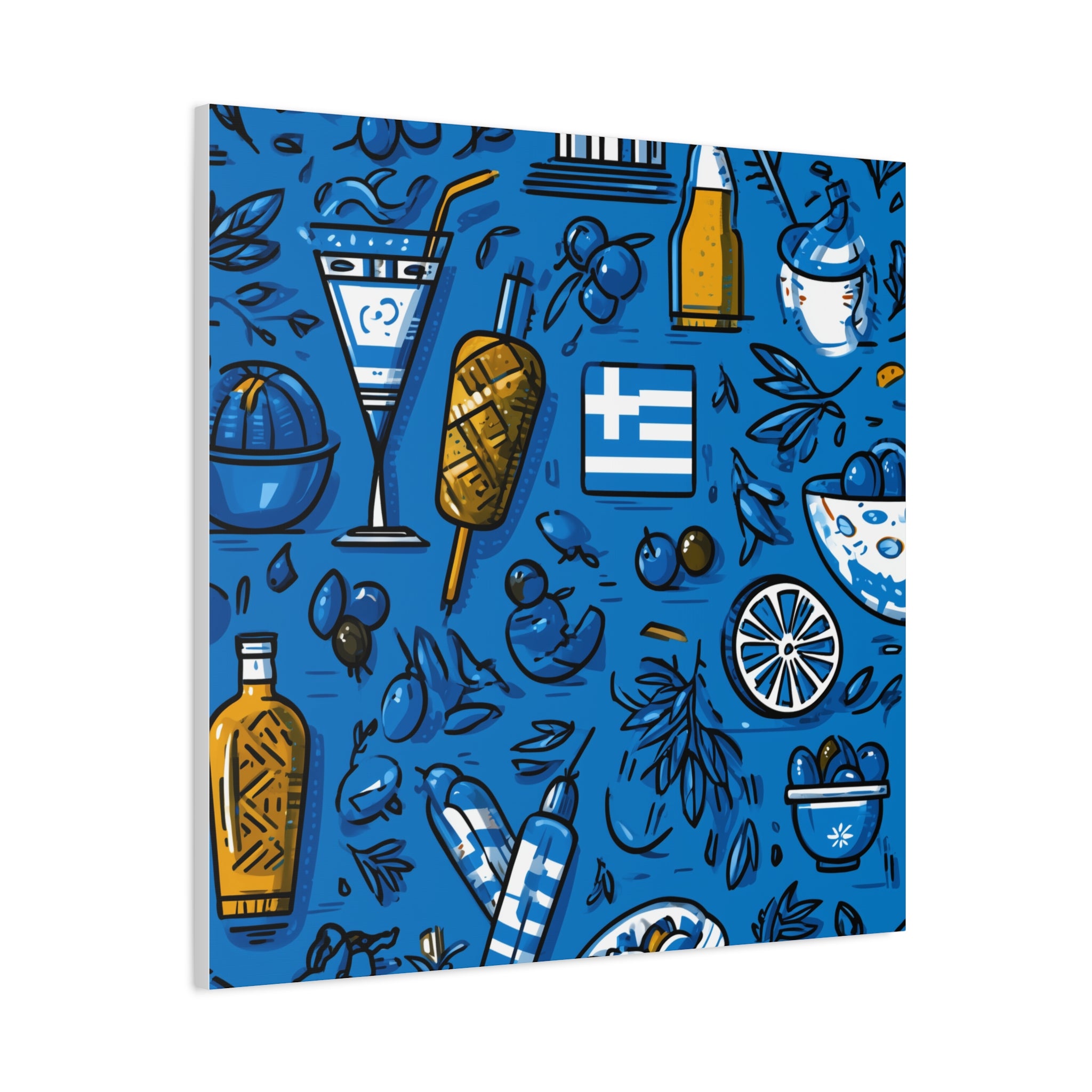 Vibrant Canvas Wall Art, Blue Mediterranean Theme, Kitchen Decor, Greek Party Decor, Olive and Drink Motif