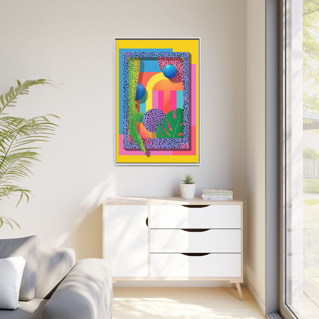 Geometric Rhythms: Abstract Layers of Color, Dimensional Shapes and Tropical Elements, Vibrant Modern Art Composition   |   Custom Orders