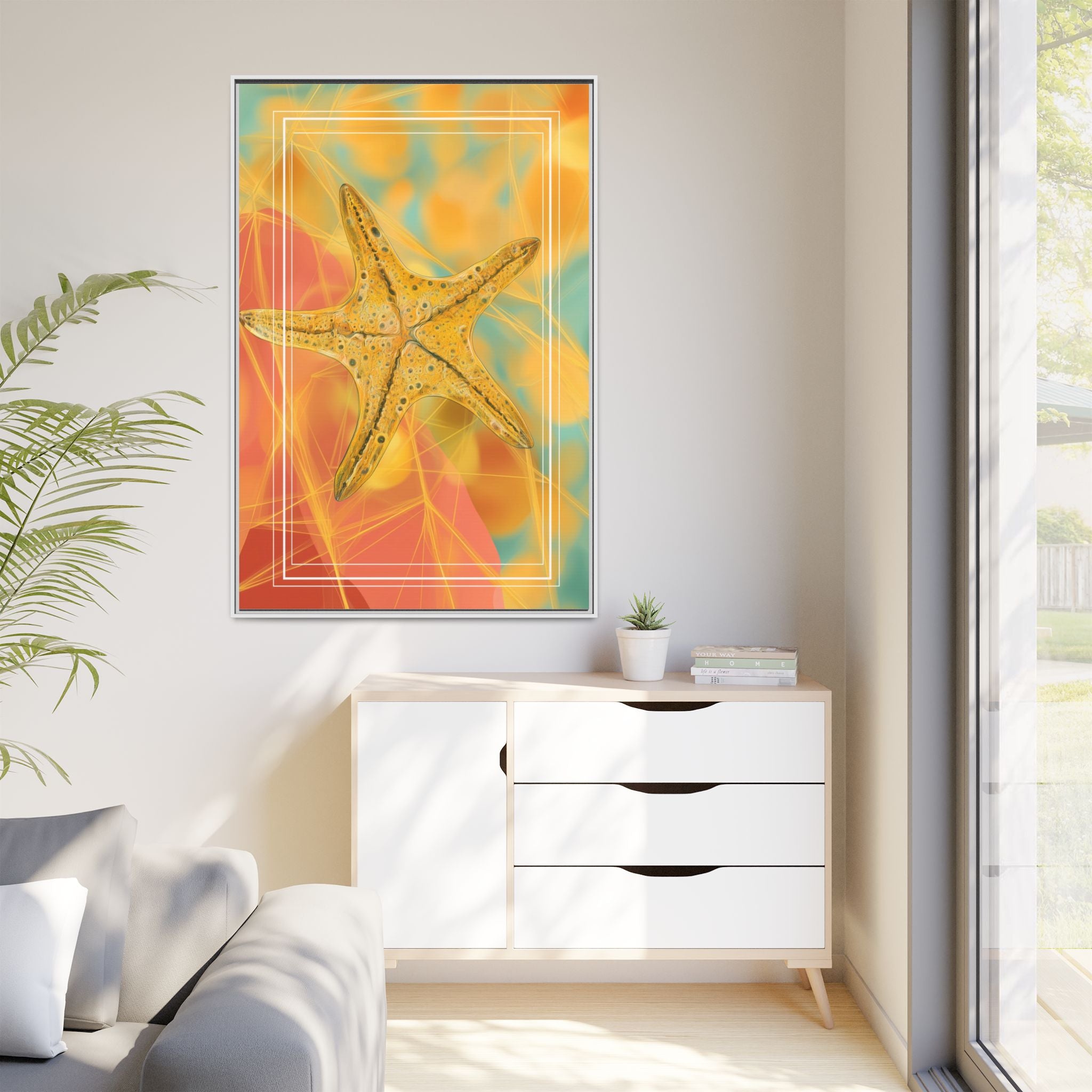 Celestial Starfish: Marine Geometry in Golden Hues, Tropical Oceanic Texture   |    Custom Orders Available
