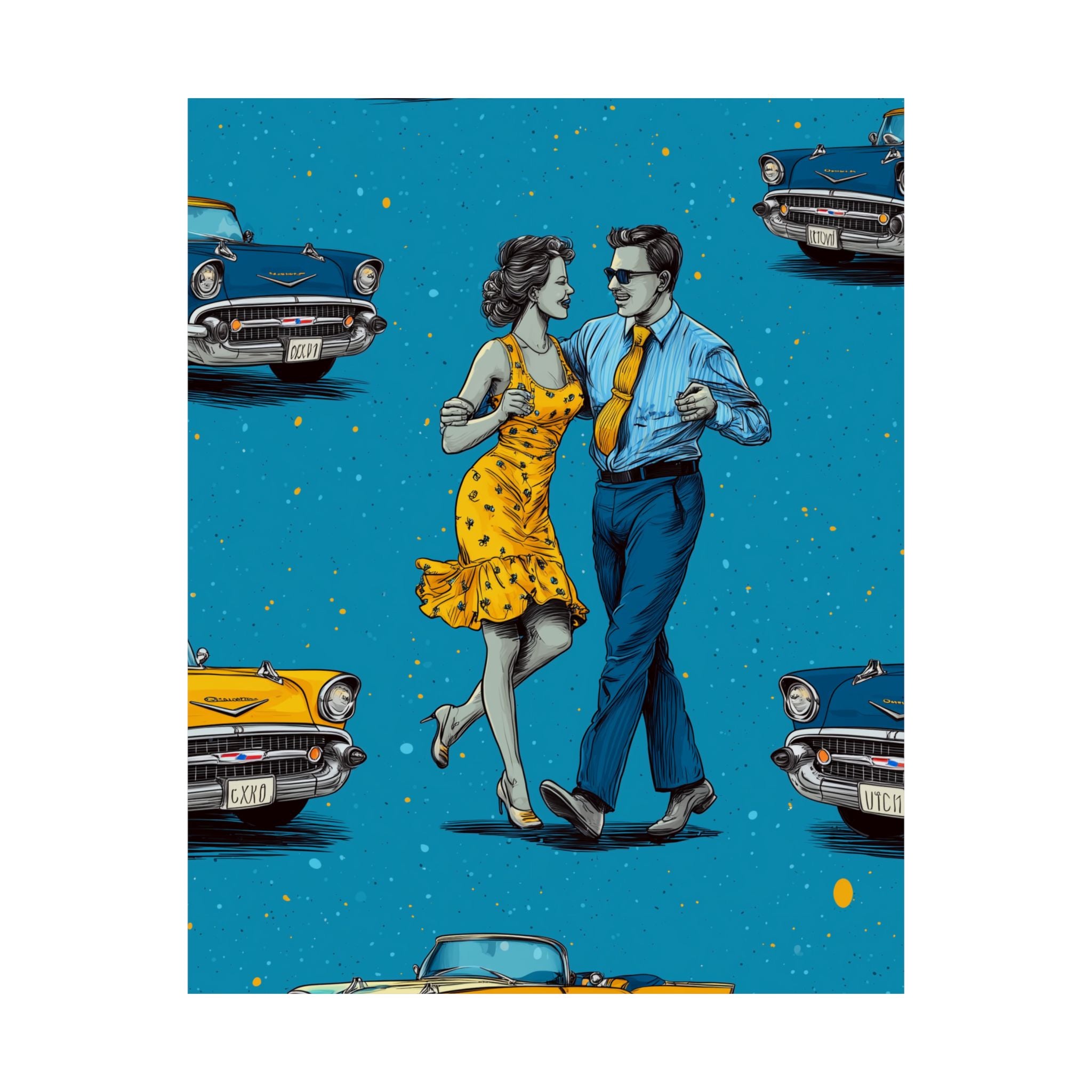 Retro Cuba Cuban Salsa Dance Poster, Vintage Wall Art, 1950s Decor, Blue Car Art, Nostalgic Home Decoration