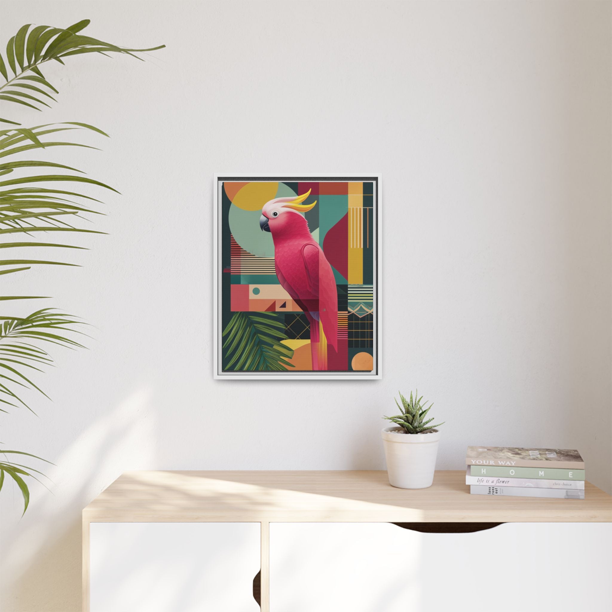 Geometric Cockatoo Framed Print: Mid-Century Modern Bird Art, Contemporary Graphic Print   |  Personalized & Custom Orders Available