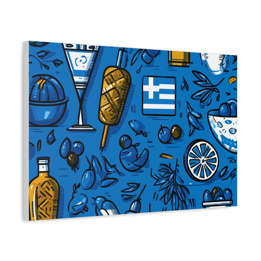 Vibrant Canvas Wall Art, Blue Mediterranean Theme, Kitchen Decor, Greek Party Decor, Olive and Drink Motif