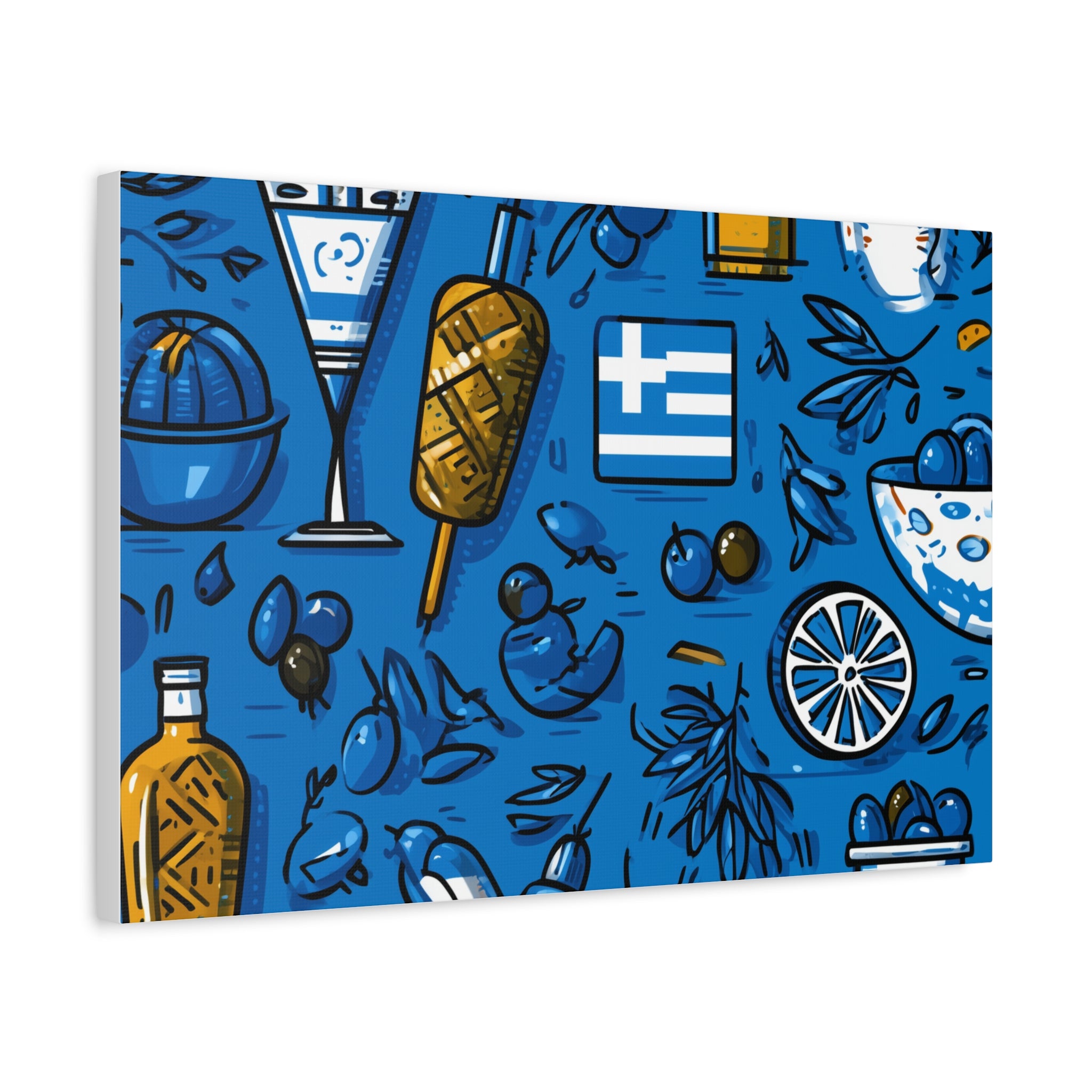 Vibrant Canvas Wall Art, Blue Mediterranean Theme, Kitchen Decor, Greek Party Decor, Olive and Drink Motif