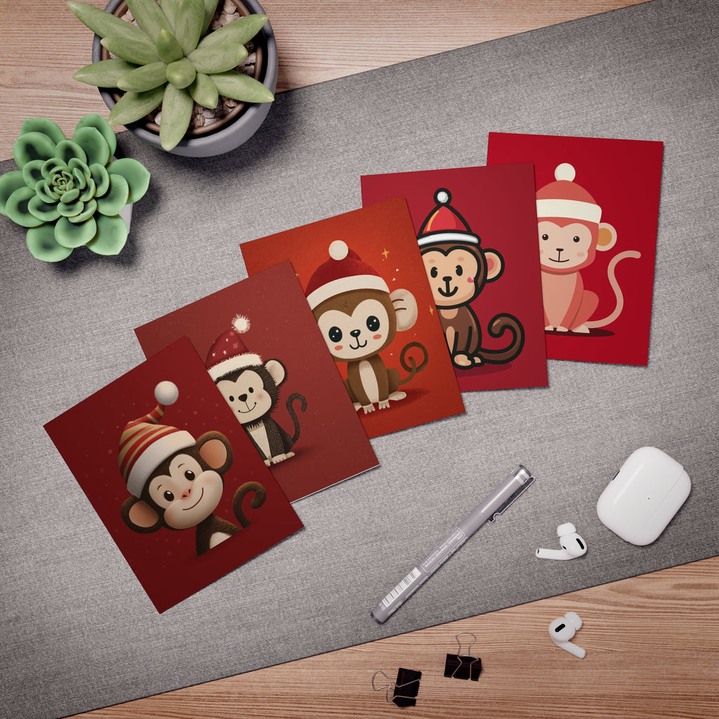 Cheerful Holiday Greeting Cards, Cute Monkey Cards for Christmas, 5 pack