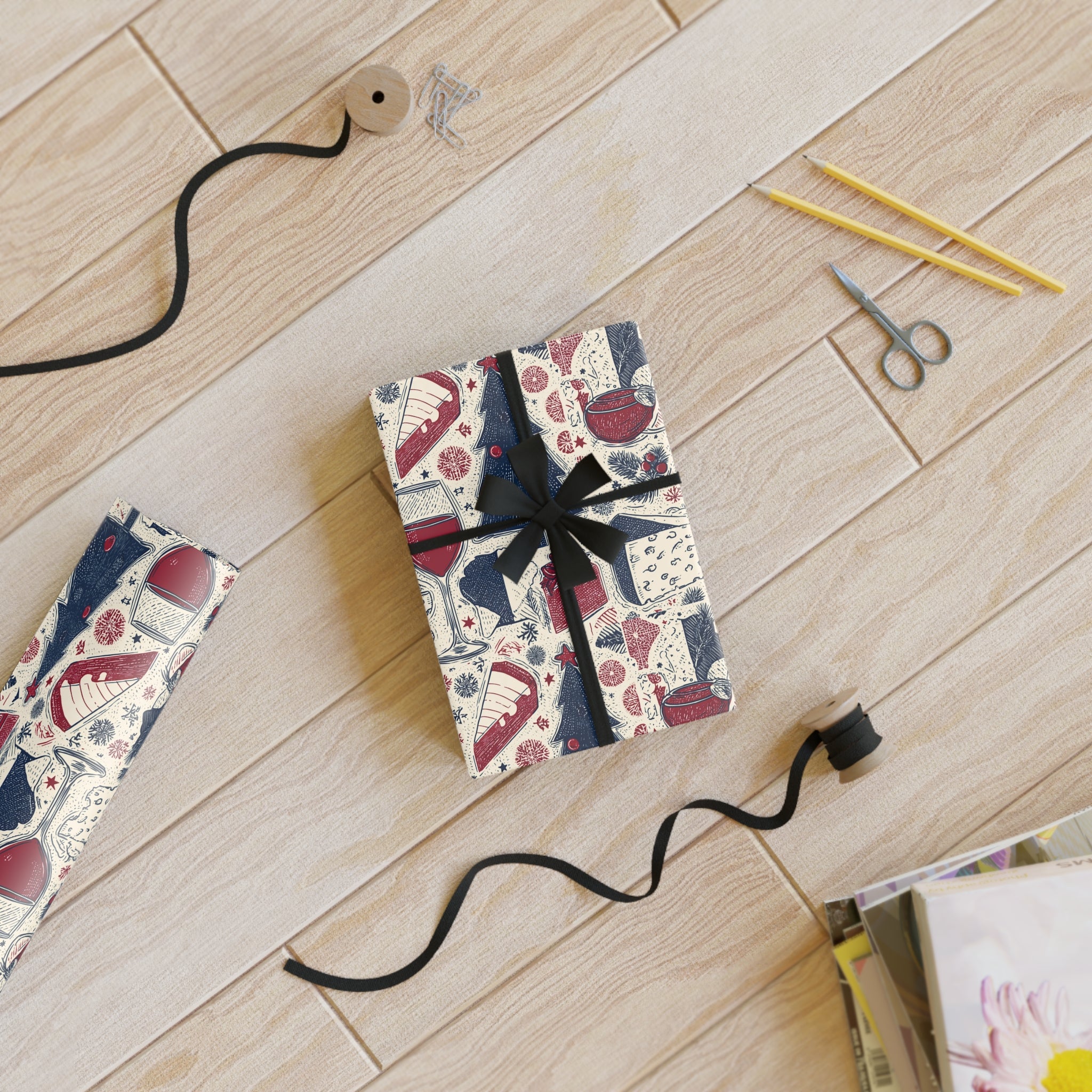 French Christmas Gift Wrap Roll, Holiday Present Packaging, Festive Decorative Paper, Unique Xmas Pattern Design,