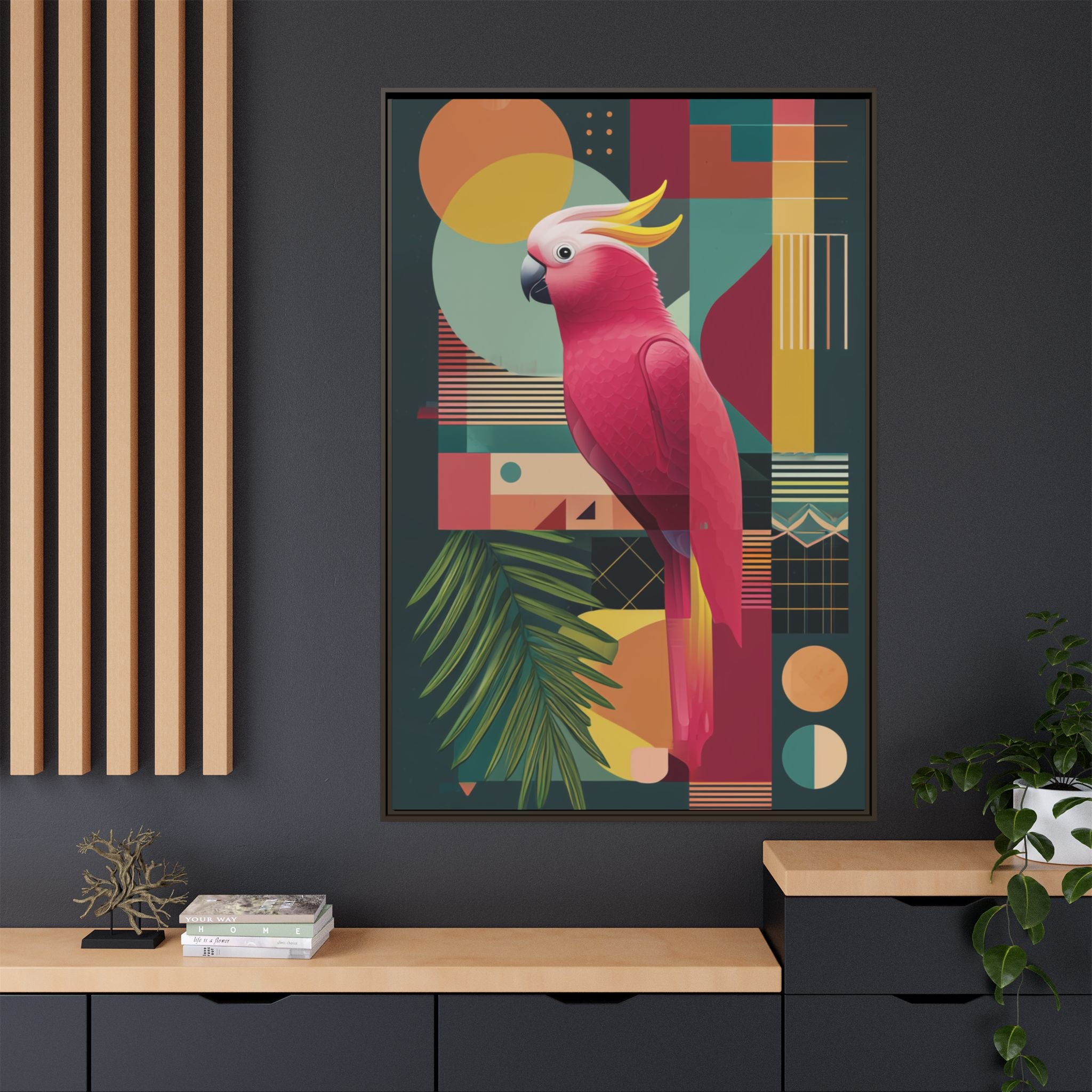 Geometric Cockatoo Framed Print: Mid-Century Modern Bird Art, Contemporary Graphic Print   |  Personalized & Custom Orders Available