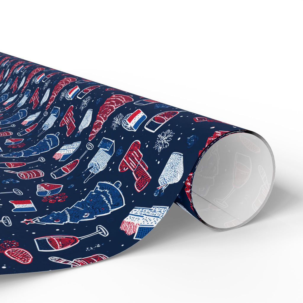 Wrapping Paper Roll French Themed— Festive Cozy Socks & Sweaters Pattern, Navy Holiday Gift Wrap