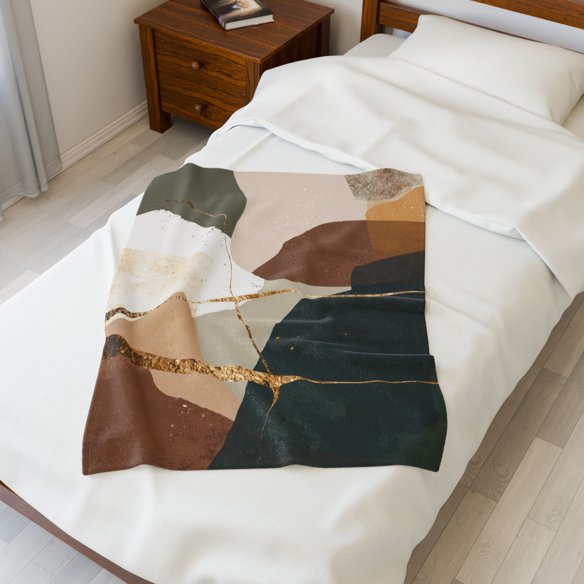 Velveteen Plush Blanket, Abstract Earthen Duvet or Doona cover, Gold Accent, Modern Home Decor, Cozy Throw Blanket, Luxurious Bedding,