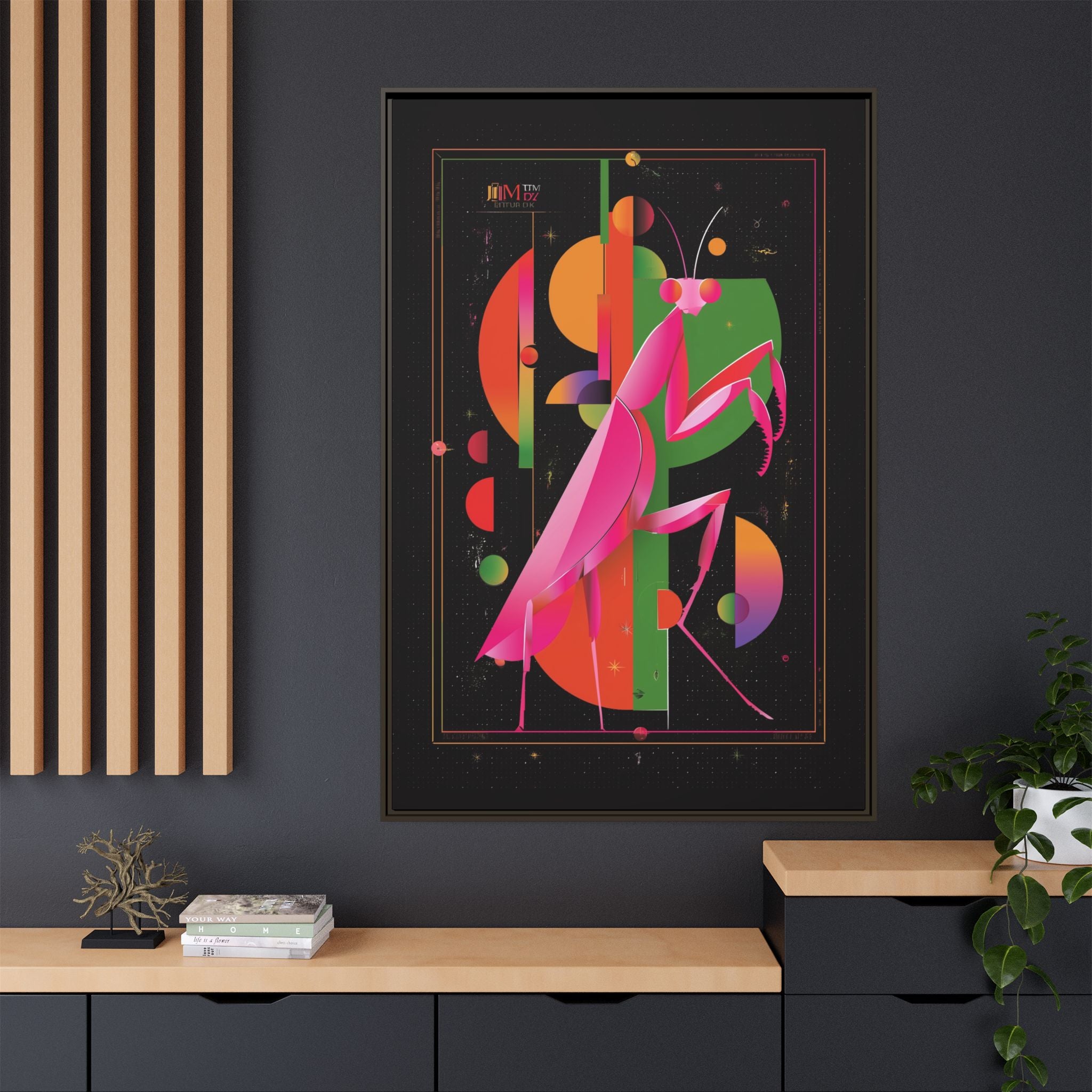 Cosmic Mantis Framed Print: Geometric Space Odyssey, Cubist Insect Illustration   |  Personalized & Custom Orders Available