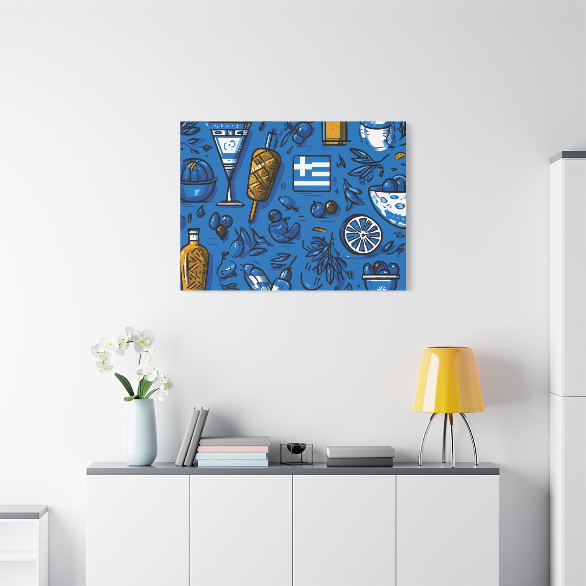Vibrant Canvas Wall Art, Blue Mediterranean Theme, Kitchen Decor, Greek Party Decor, Olive and Drink Motif