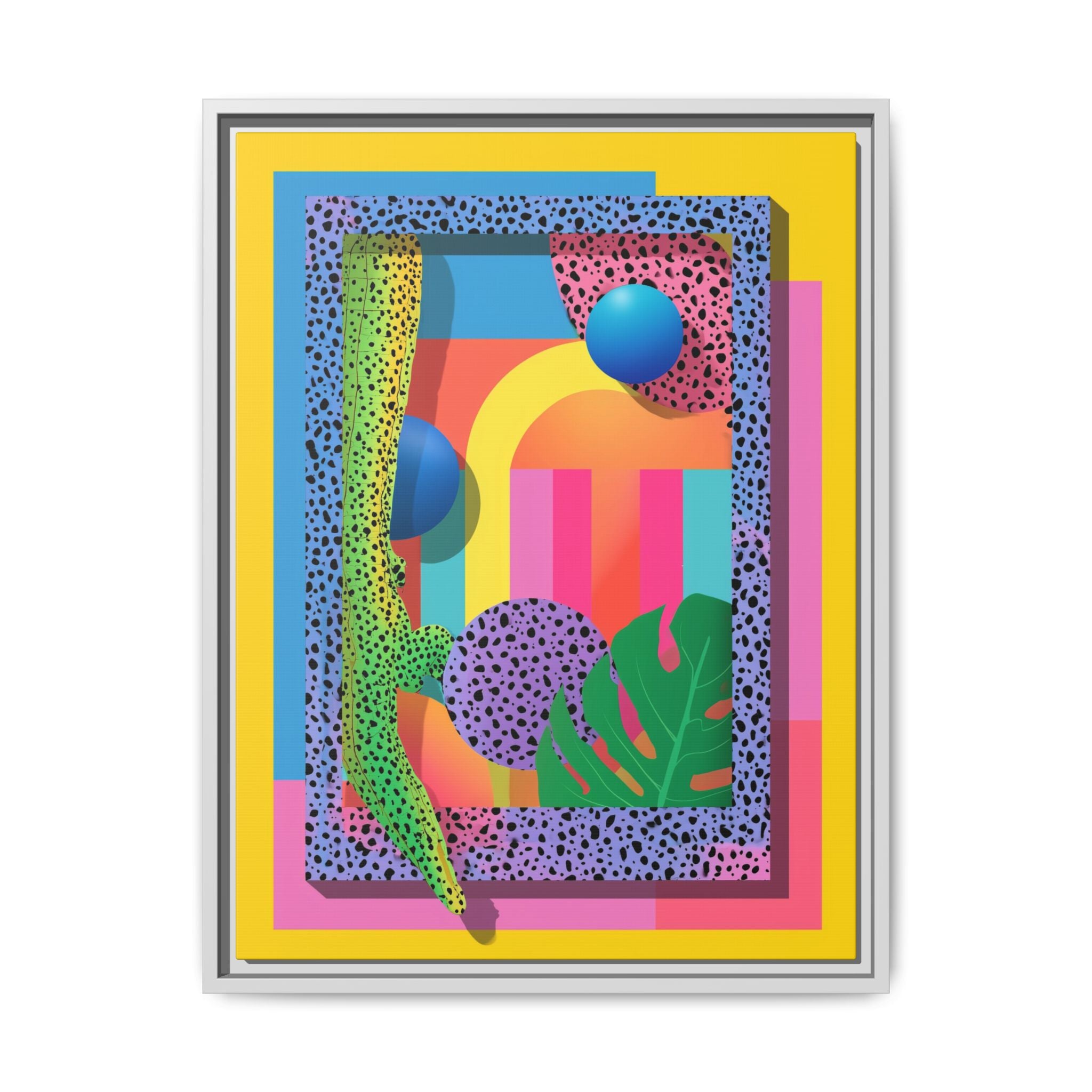 Geometric Rhythms: Abstract Layers of Color, Dimensional Shapes and Tropical Elements, Vibrant Modern Art Composition   |   Custom Orders