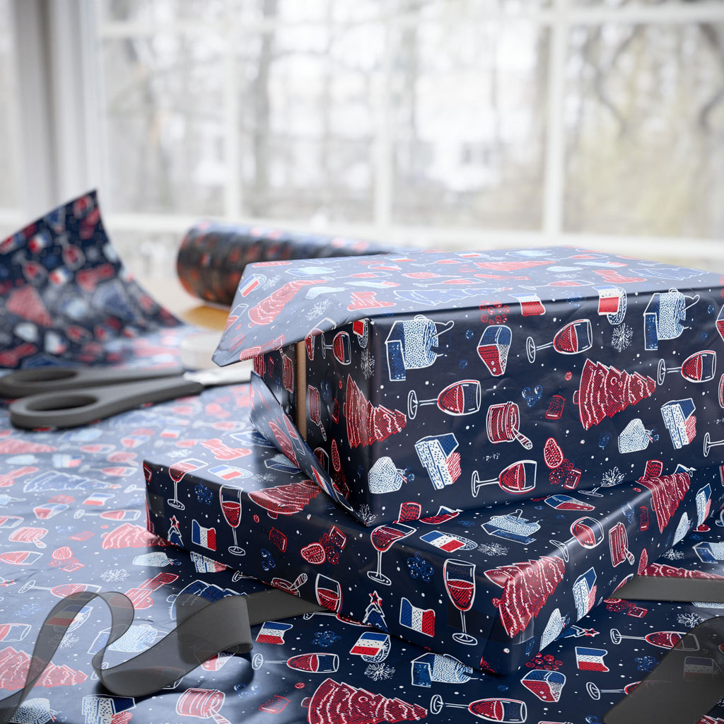 Wrapping Paper Roll French Themed— Festive Cozy Socks & Sweaters Pattern, Navy Holiday Gift Wrap