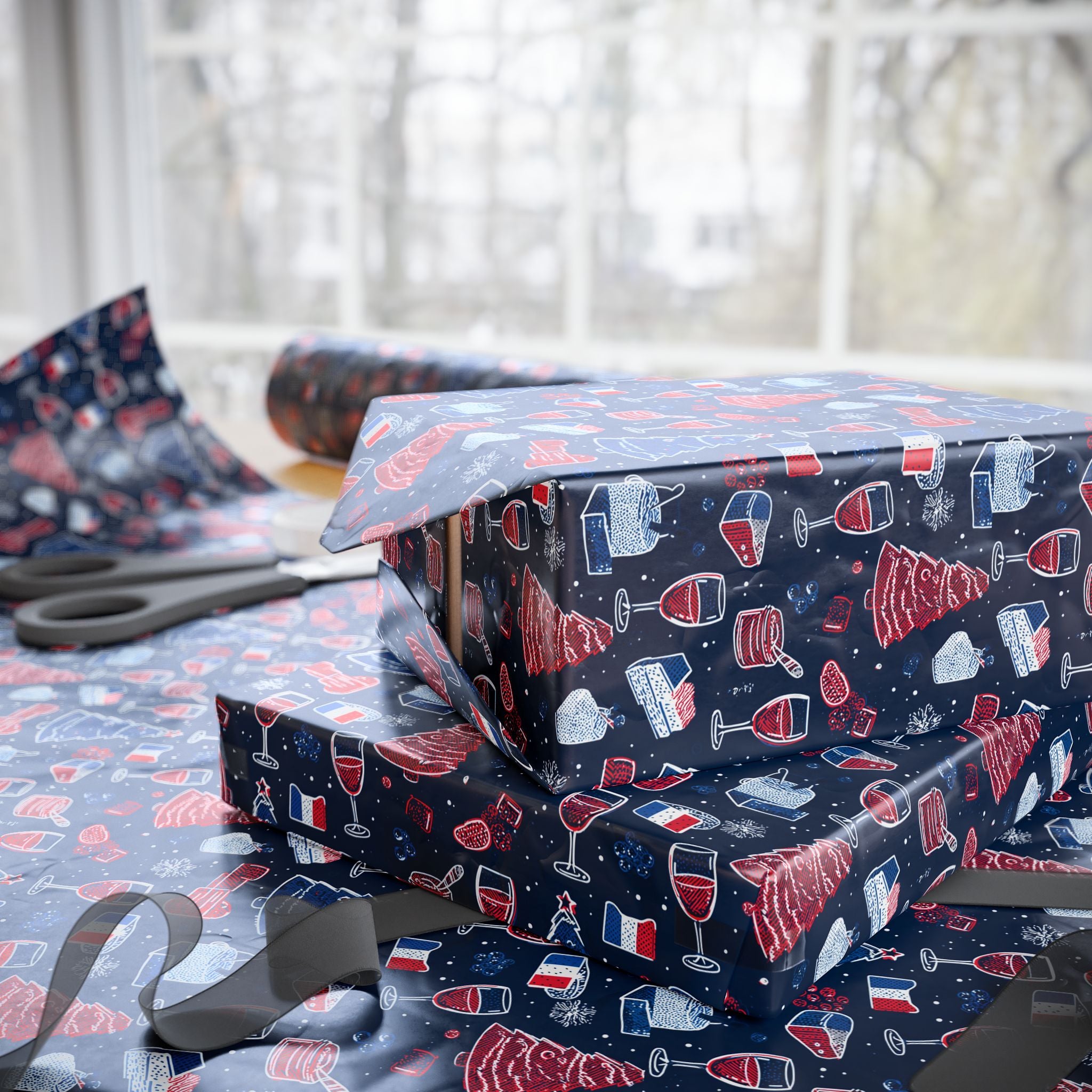 Wrapping Paper Roll French Themed— Festive Cozy Socks & Sweaters Pattern, Navy Holiday Gift Wrap