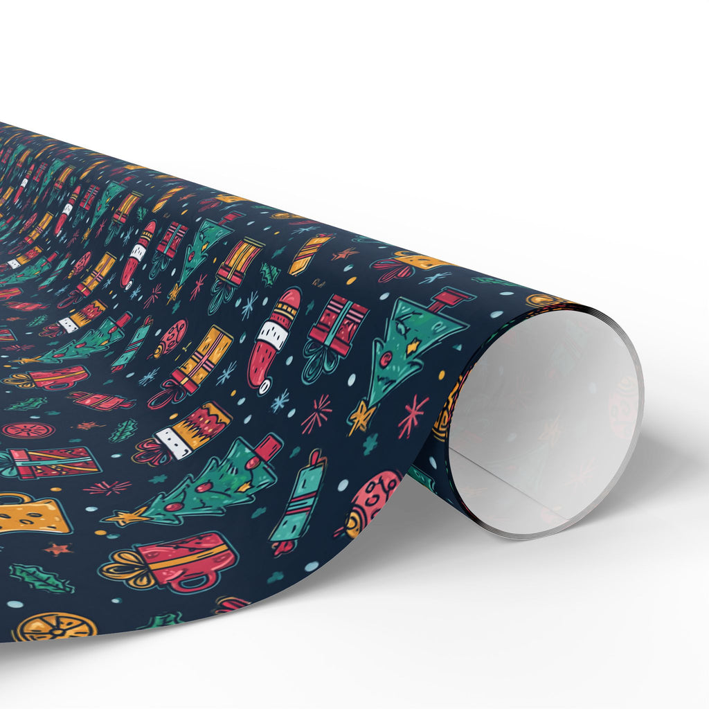 Holiday Gift Wrapping Paper Roll – Dark Christmas Icons Pattern (Trees, Presents, Stockings)
