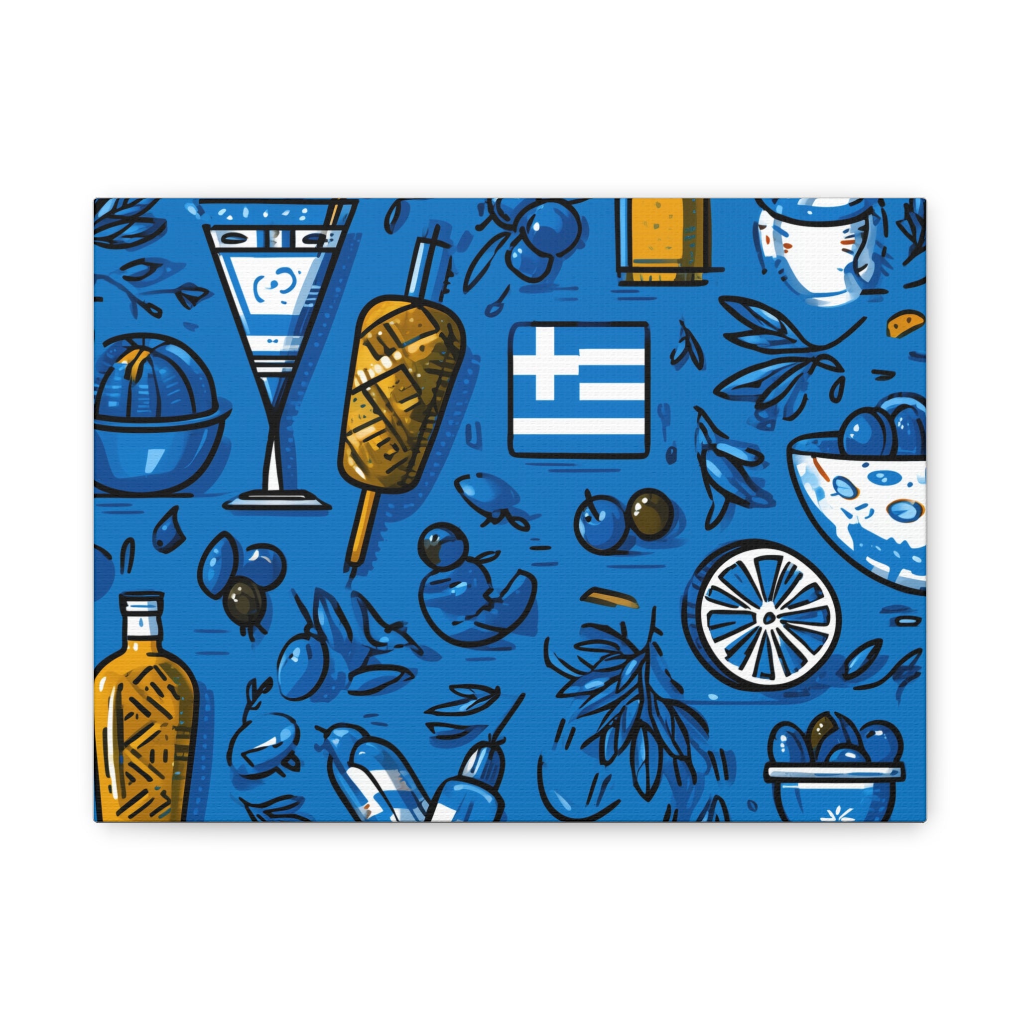 Vibrant Canvas Wall Art, Blue Mediterranean Theme, Kitchen Decor, Greek Party Decor, Olive and Drink Motif
