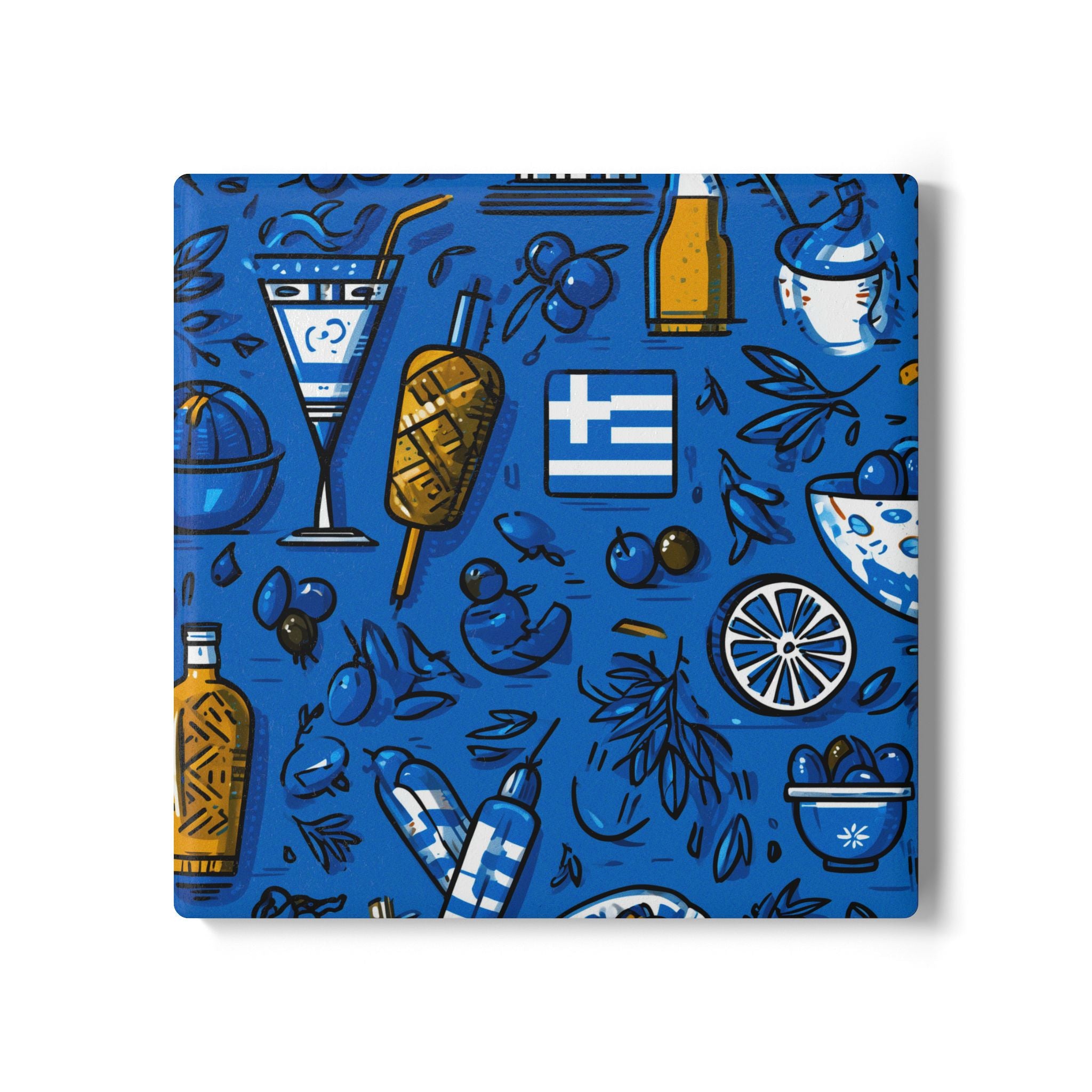 Vibrant Greek-Themed Ceramic Coaster Set | Fun Drink Coasters, Housewarming Gift, Bar Decor, Kitchen Accessory, Festival Party Idea