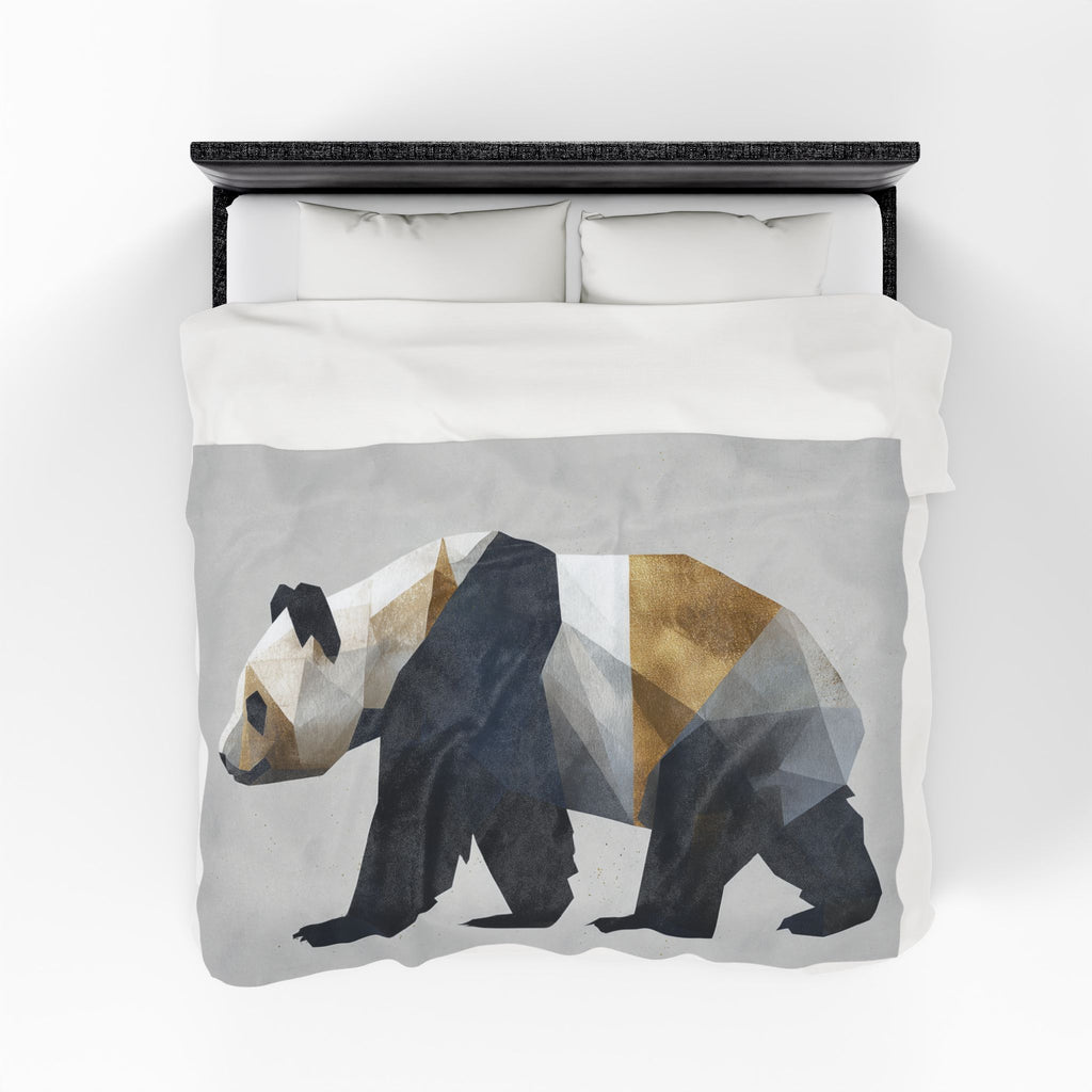 Velveteen Plush Geometric Panda Blanket: , Modern Minimalist Design, Gold and Monochrome Illustration   |  Personalized & Custom Order