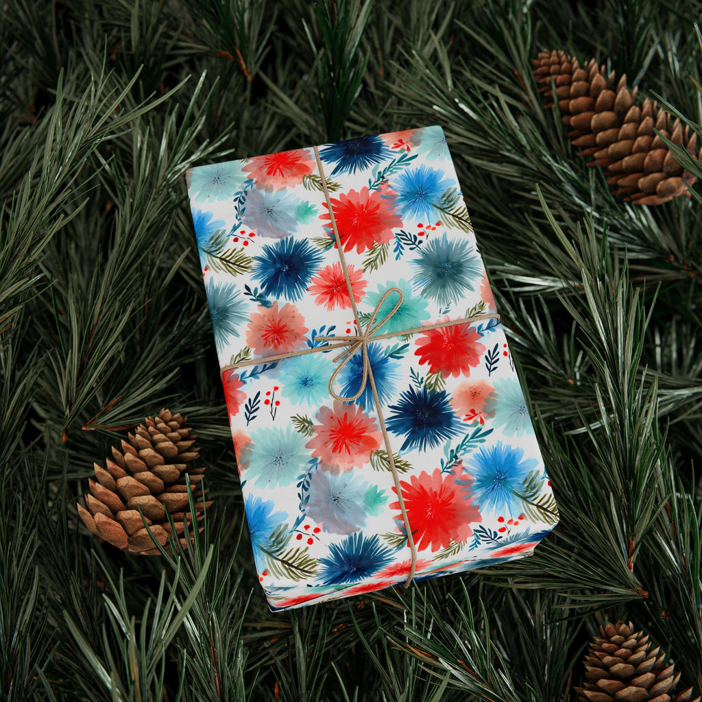 Wrapping Paper — Watercolor Floral Holiday Pattern (Red, Teal, Pine Sprigs)
