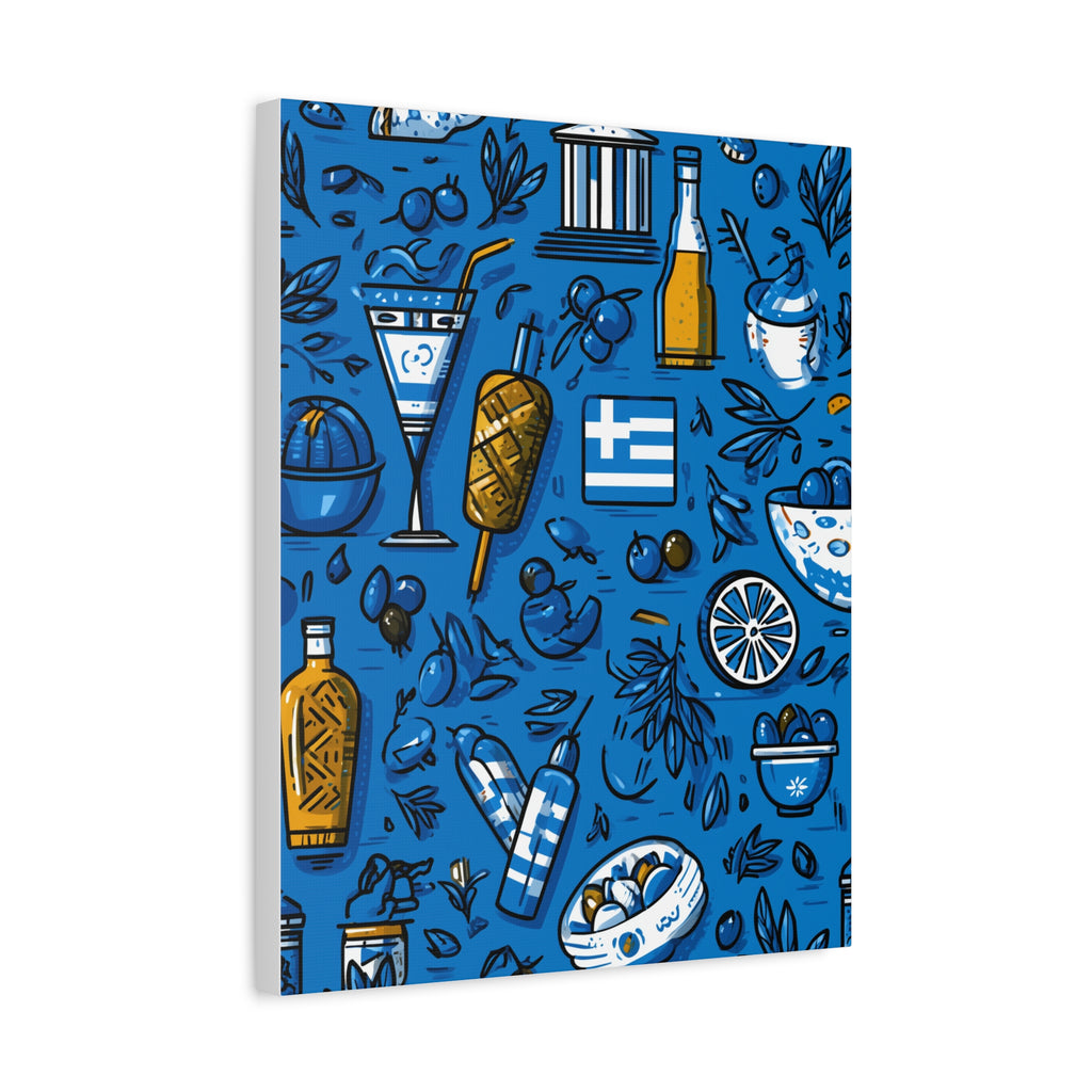 Vibrant Canvas Wall Art, Blue Mediterranean Theme, Kitchen Decor, Greek Party Decor, Olive and Drink Motif