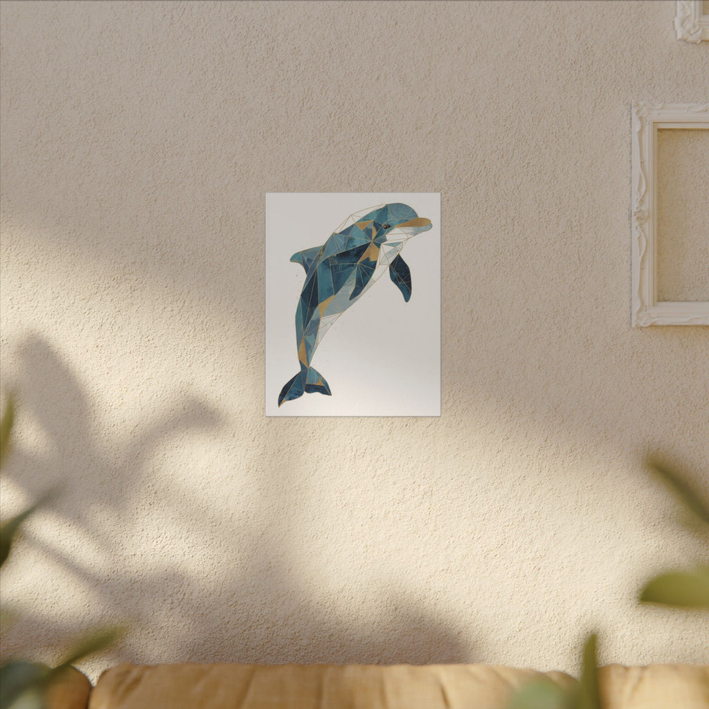 Canvas Print, Geometric Abstract Dolphin Gold Accented Wall Art, High Quality, Stretched, Multi-Size, Home Decor, Office Decor, Gift Idea,