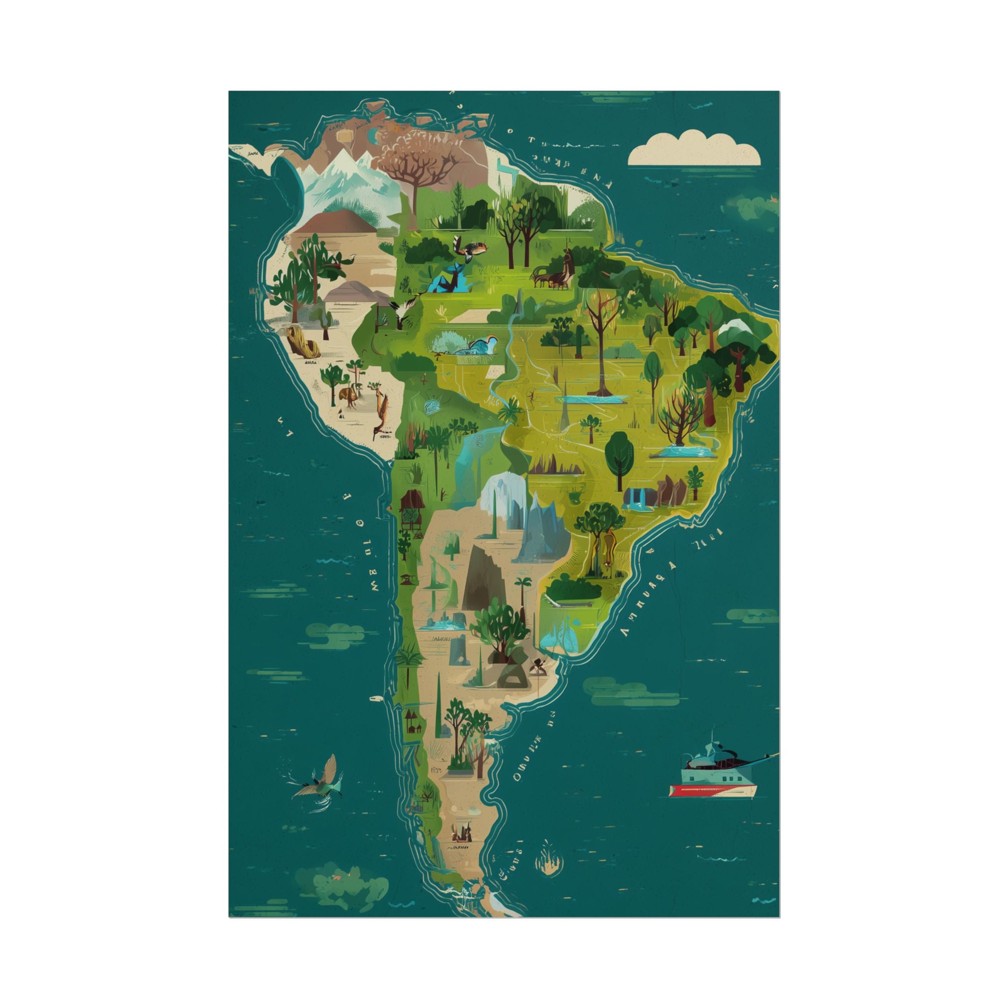 South America Illustrated Map Poster — Rolled Travel Map Art Print