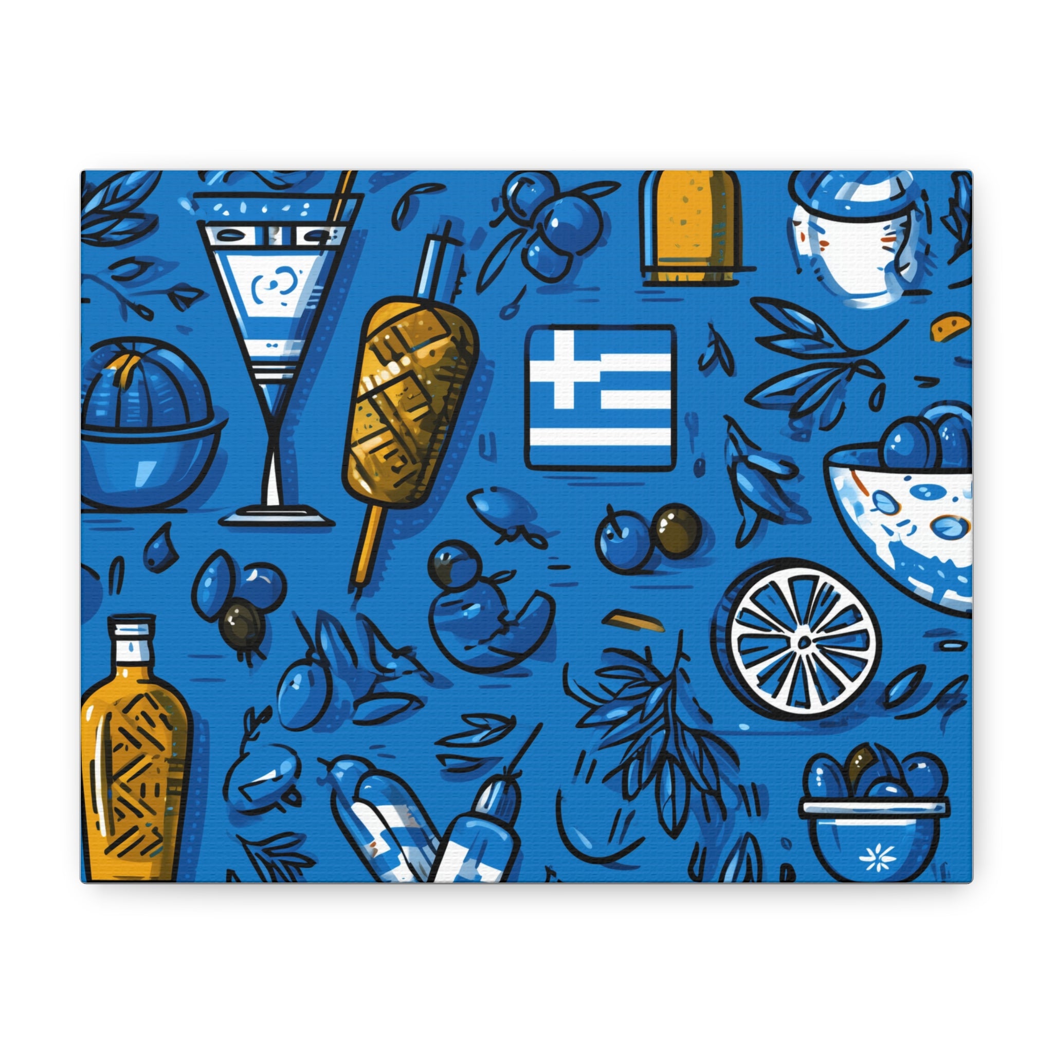 Vibrant Canvas Wall Art, Blue Mediterranean Theme, Kitchen Decor, Greek Party Decor, Olive and Drink Motif