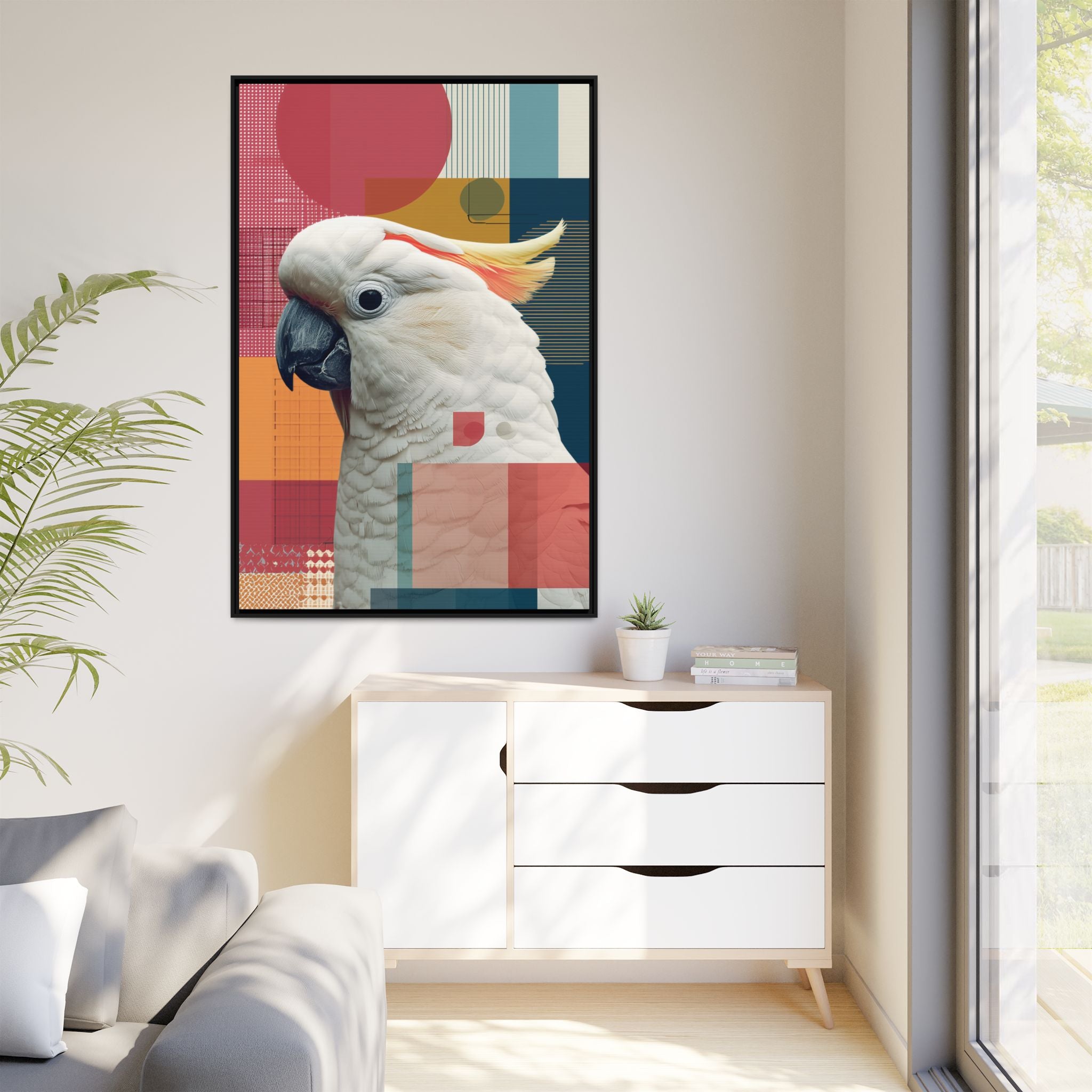 Framed Print, Cockatoo Abstract Geometric Wall Art, Matte Canvas, Colorful Bird Poster, Modern Home Decor, Tropical Animal Painting, Unique