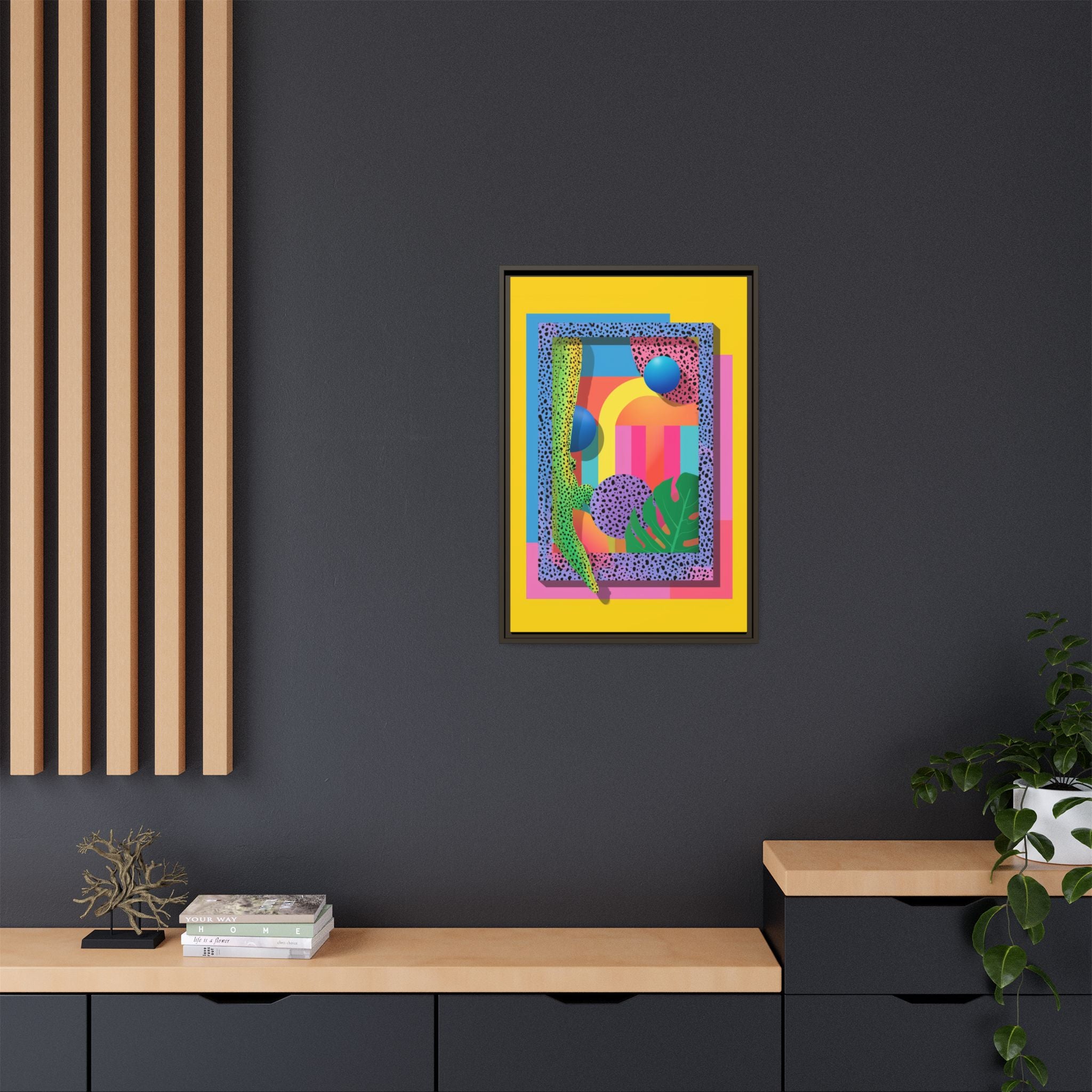 Geometric Rhythms: Abstract Layers of Color, Dimensional Shapes and Tropical Elements, Vibrant Modern Art Composition   |   Custom Orders