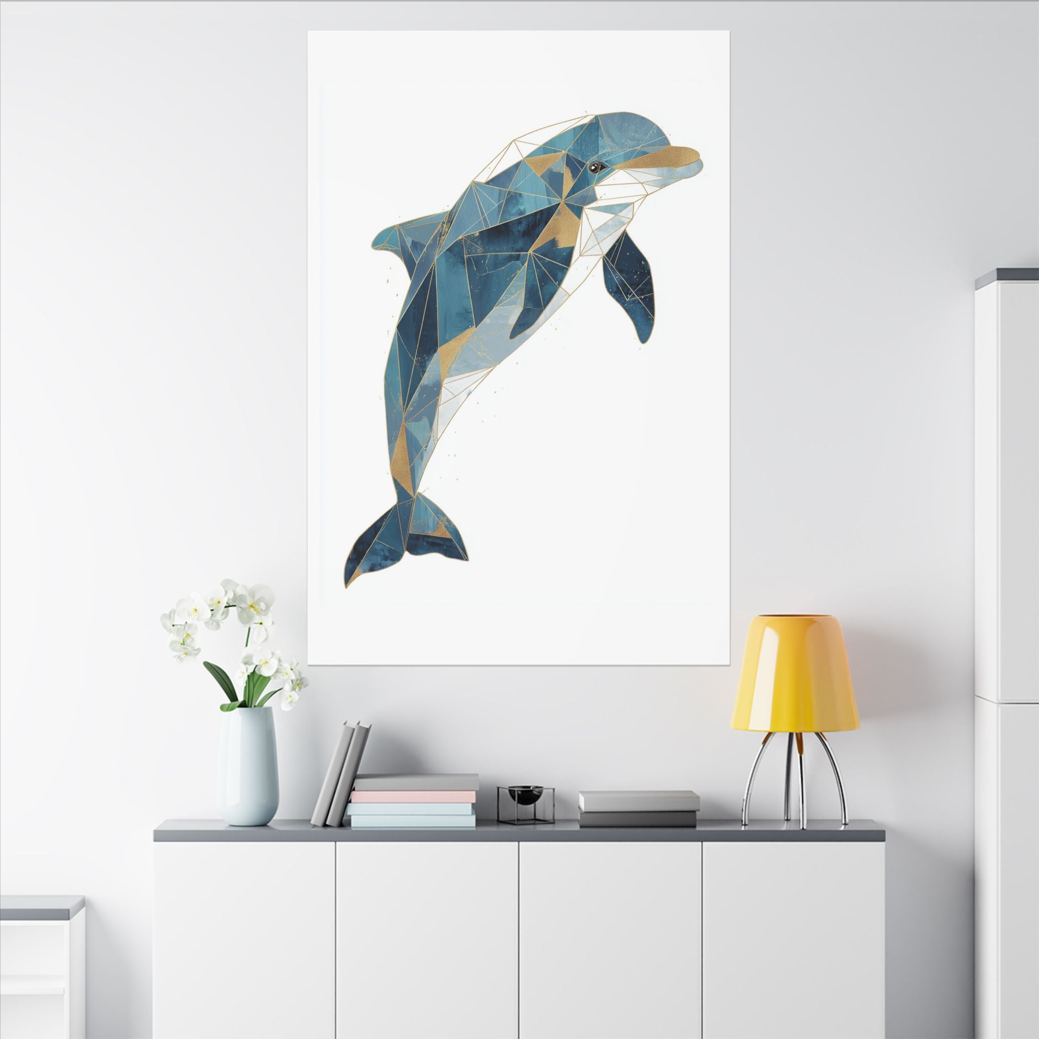 Canvas Print, Geometric Abstract Dolphin Gold Accented Wall Art, High Quality, Stretched, Multi-Size, Home Decor, Office Decor, Gift Idea,