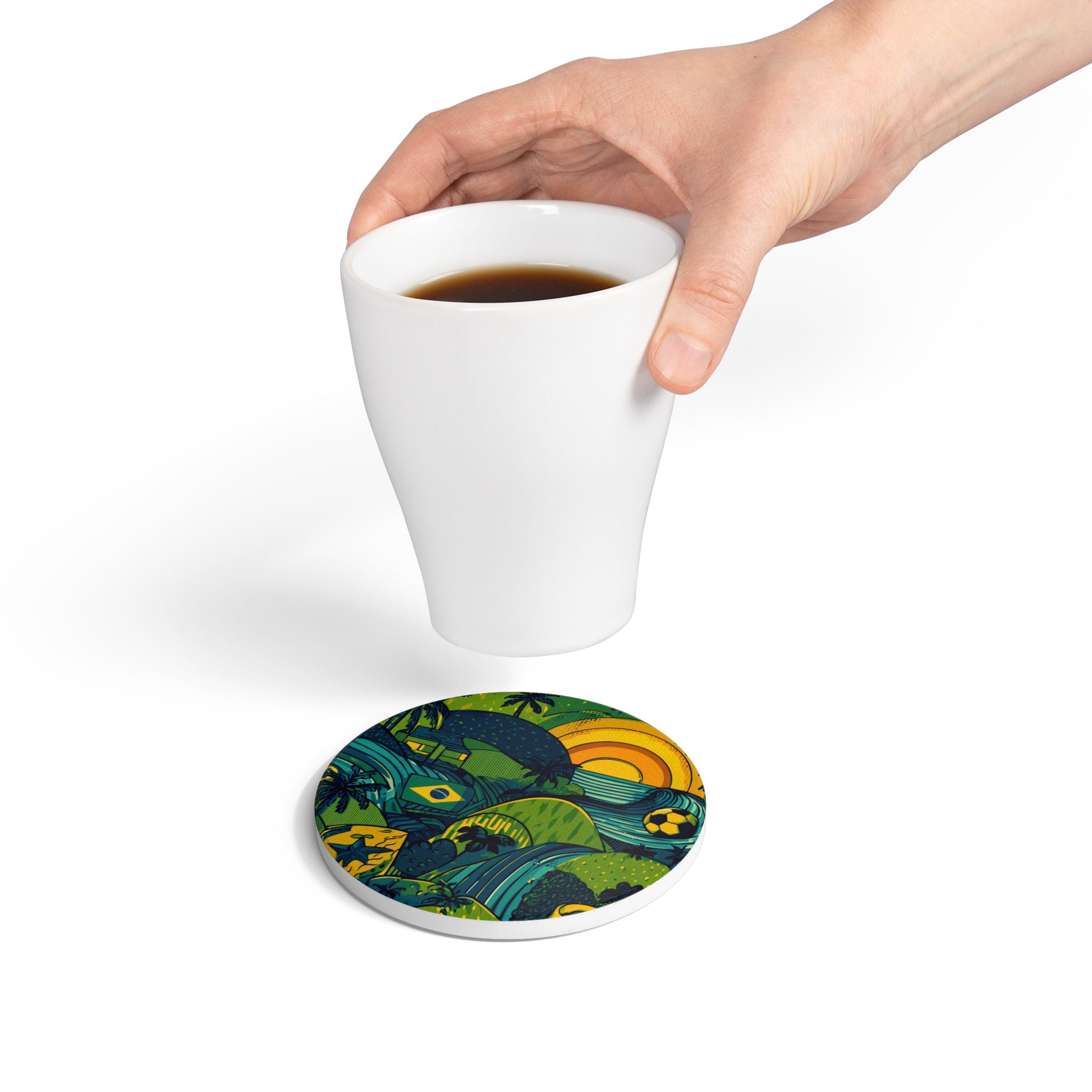 Vibrant Sunset Brazil Landscape Ceramic Coaster, Beach Decor, Gift for Home, BBQ Party Accessory, Soccer Fan Decor, Tropical Vibes