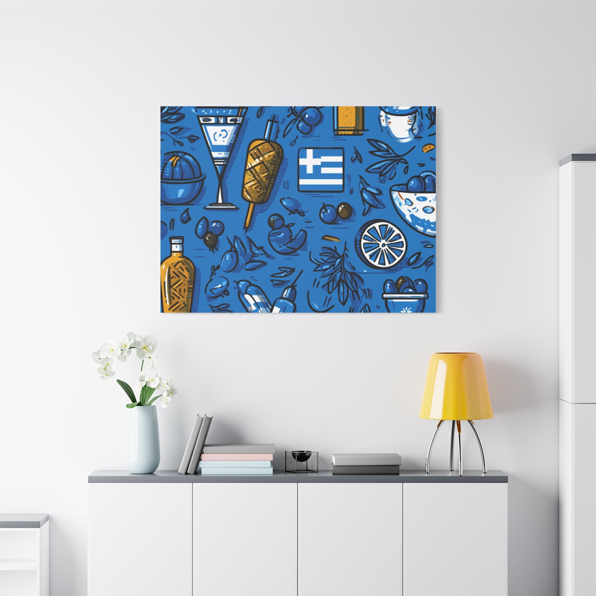Vibrant Canvas Wall Art, Blue Mediterranean Theme, Kitchen Decor, Greek Party Decor, Olive and Drink Motif