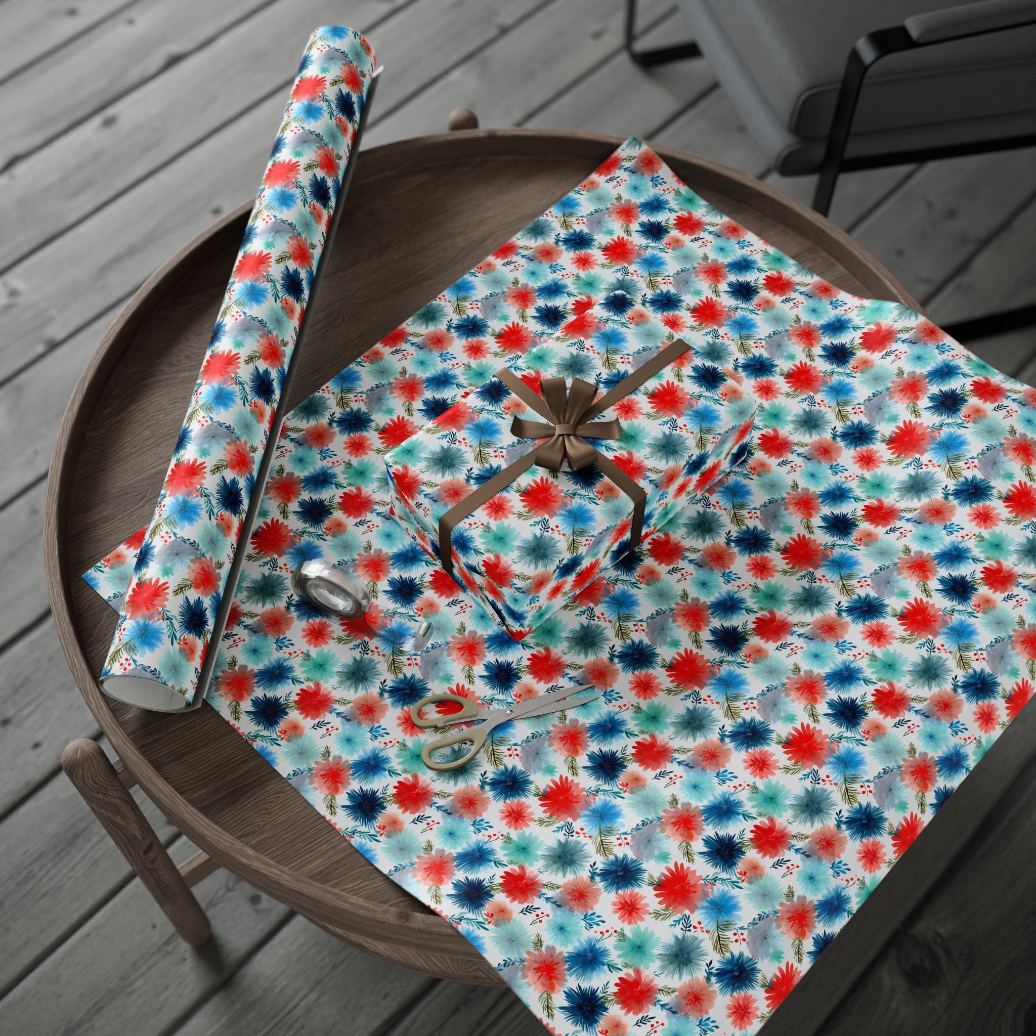 Wrapping Paper — Watercolor Floral Holiday Pattern (Red, Teal, Pine Sprigs)