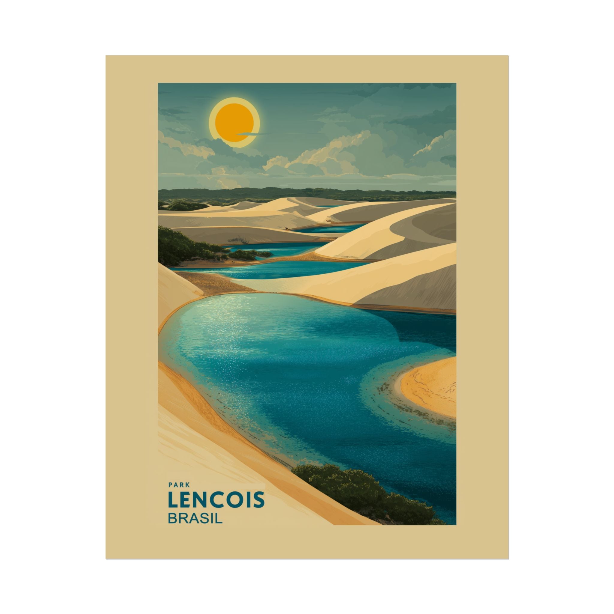 Lençois Park Dreamscape: Golden Dunes and Turquoise Waters, Vintage Travel Poster Panorama   |    Custom Orders Available