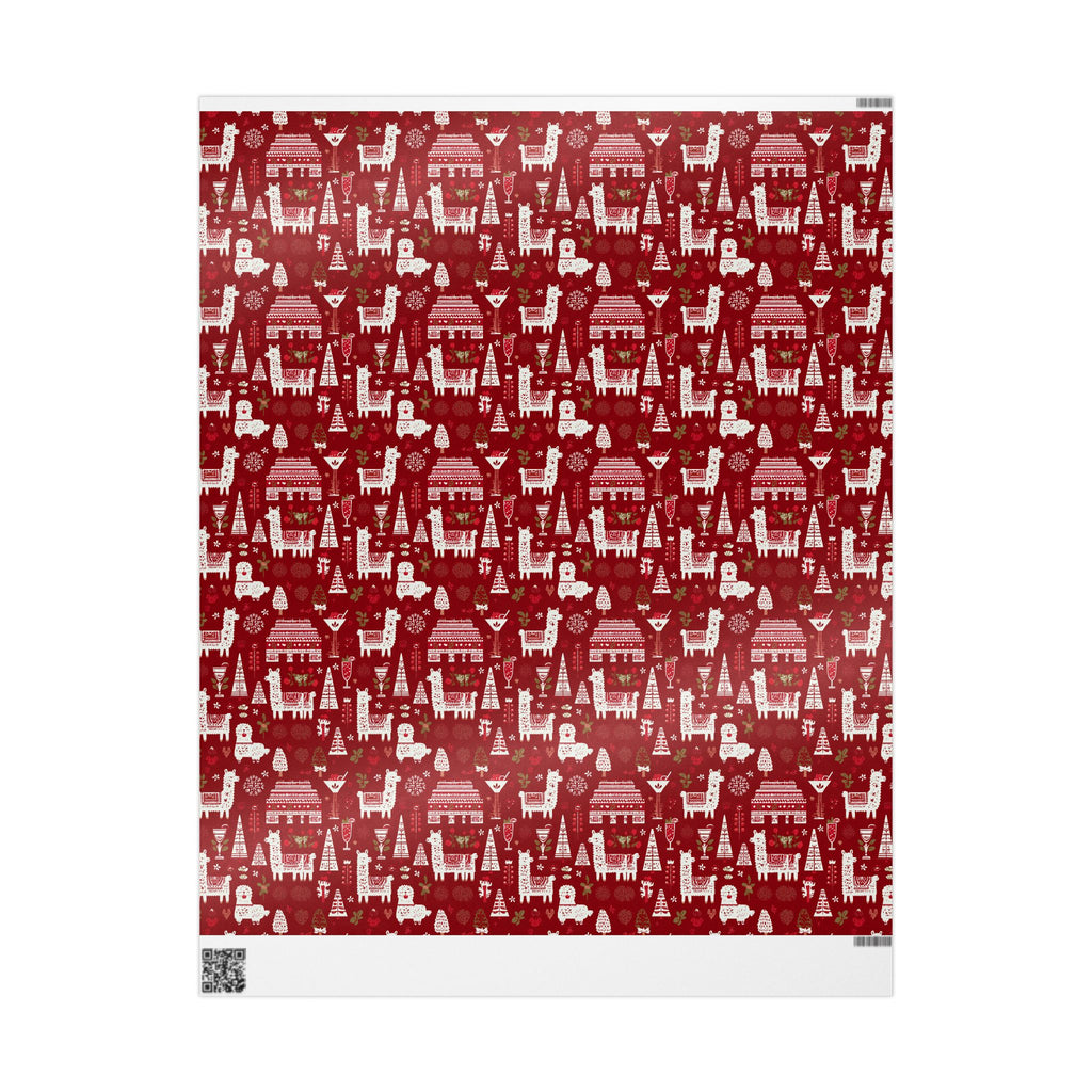 Christmas Wrapping Paper Roll — Red Nordic Reindeer & Tree Holiday Print