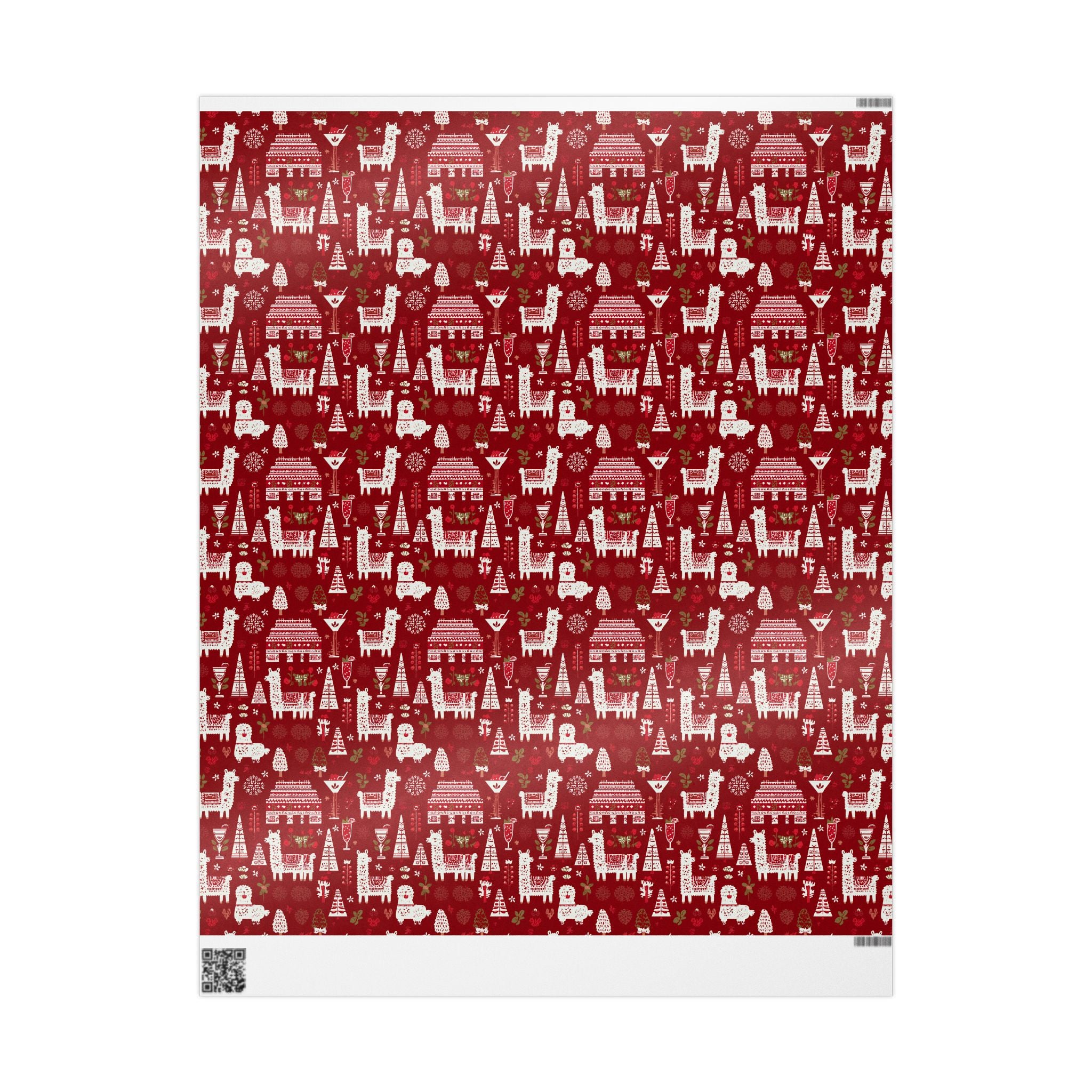 Christmas Wrapping Paper Roll — Red Nordic Reindeer & Tree Holiday Print