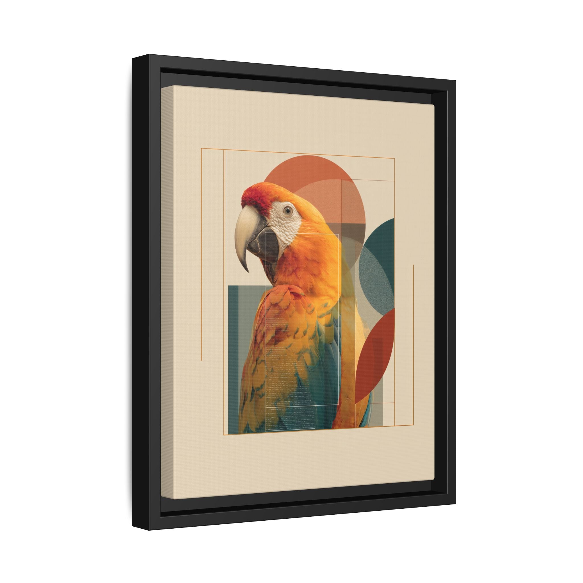 Scarlet Symphony: Macaw in Geometric Abstraction, Modern Graphic Design Artwork   |    Custom Orders Available