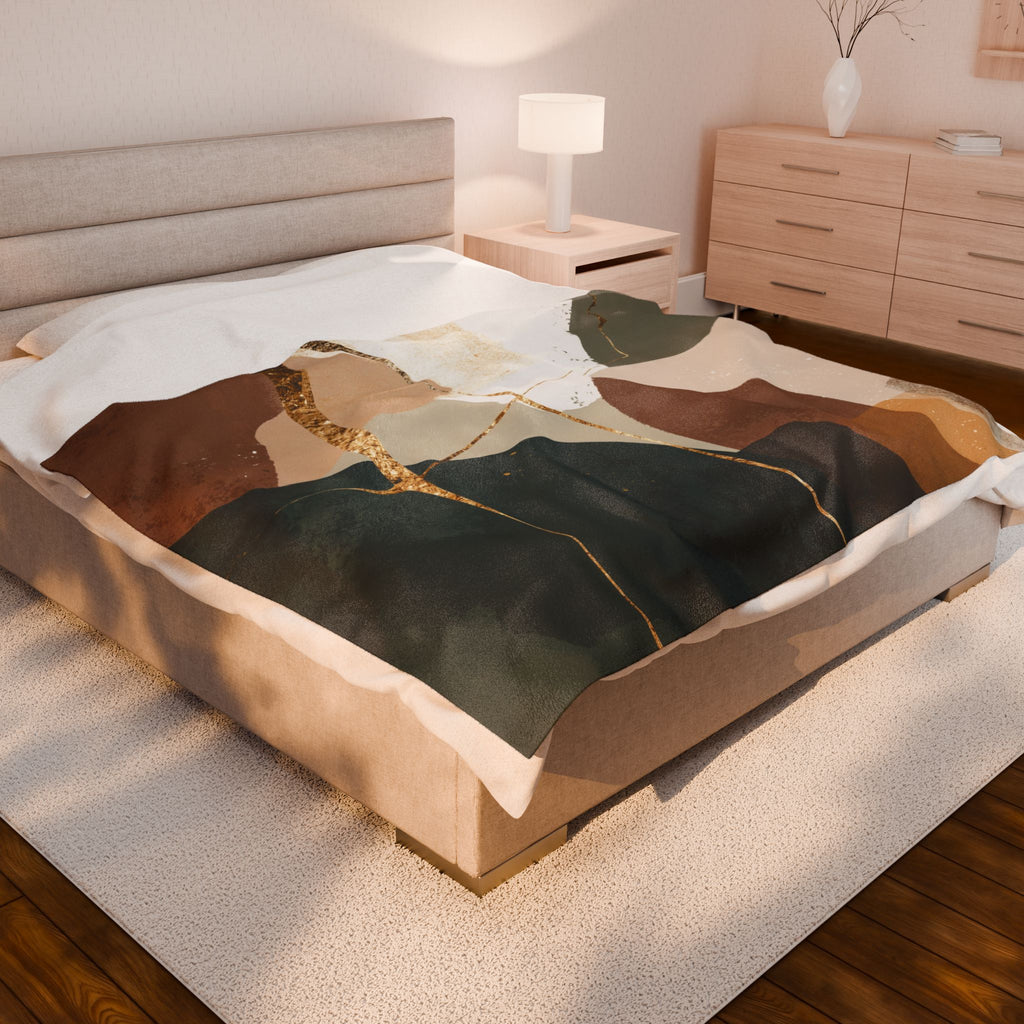Velveteen Plush Blanket, Abstract Earthen Duvet or Doona cover, Gold Accent, Modern Home Decor, Cozy Throw Blanket, Luxurious Bedding,