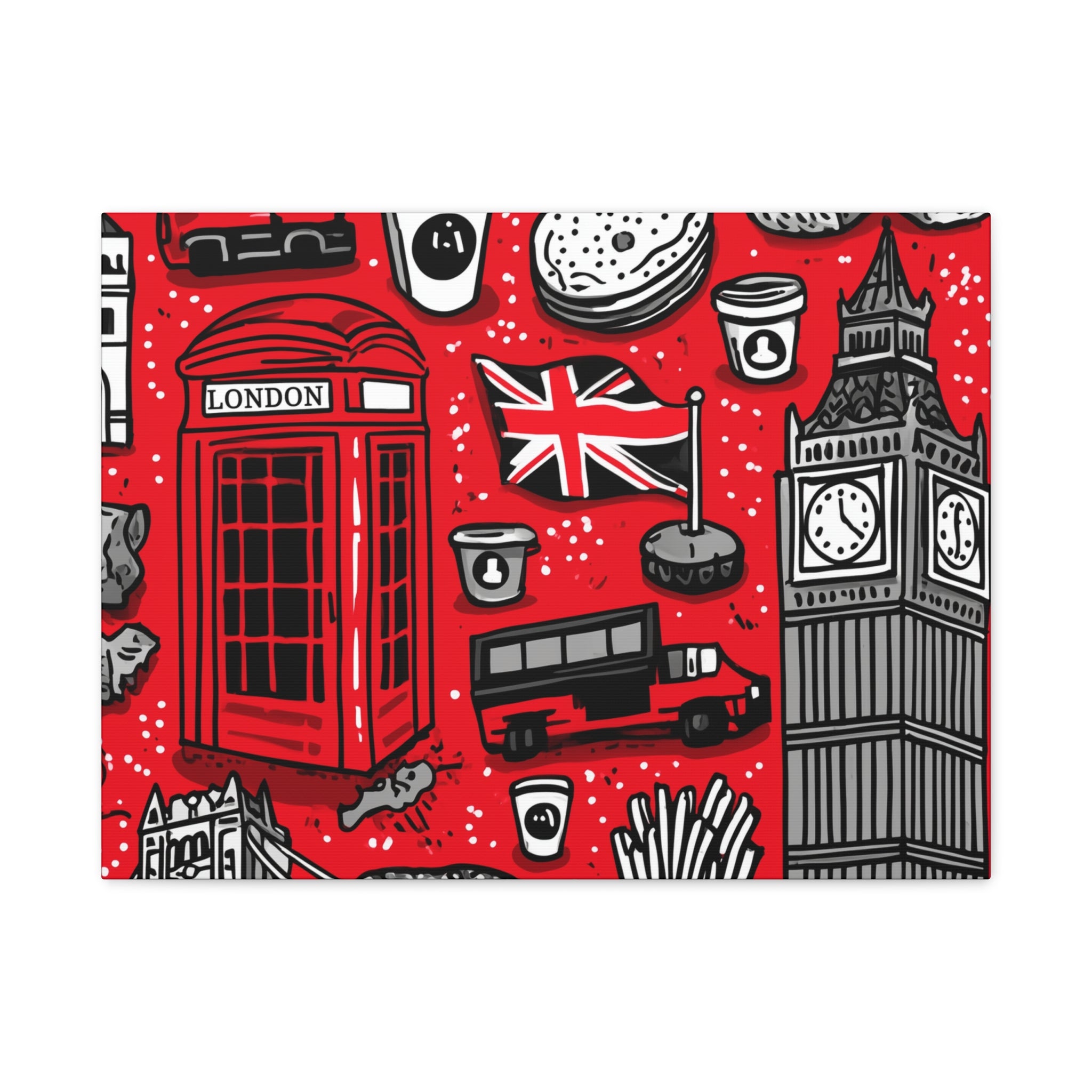 London-Themed Canvas Art, Wall Decor, Home Office Artwork, UK Travel Gift, British Culture Decor, Red and Black Design