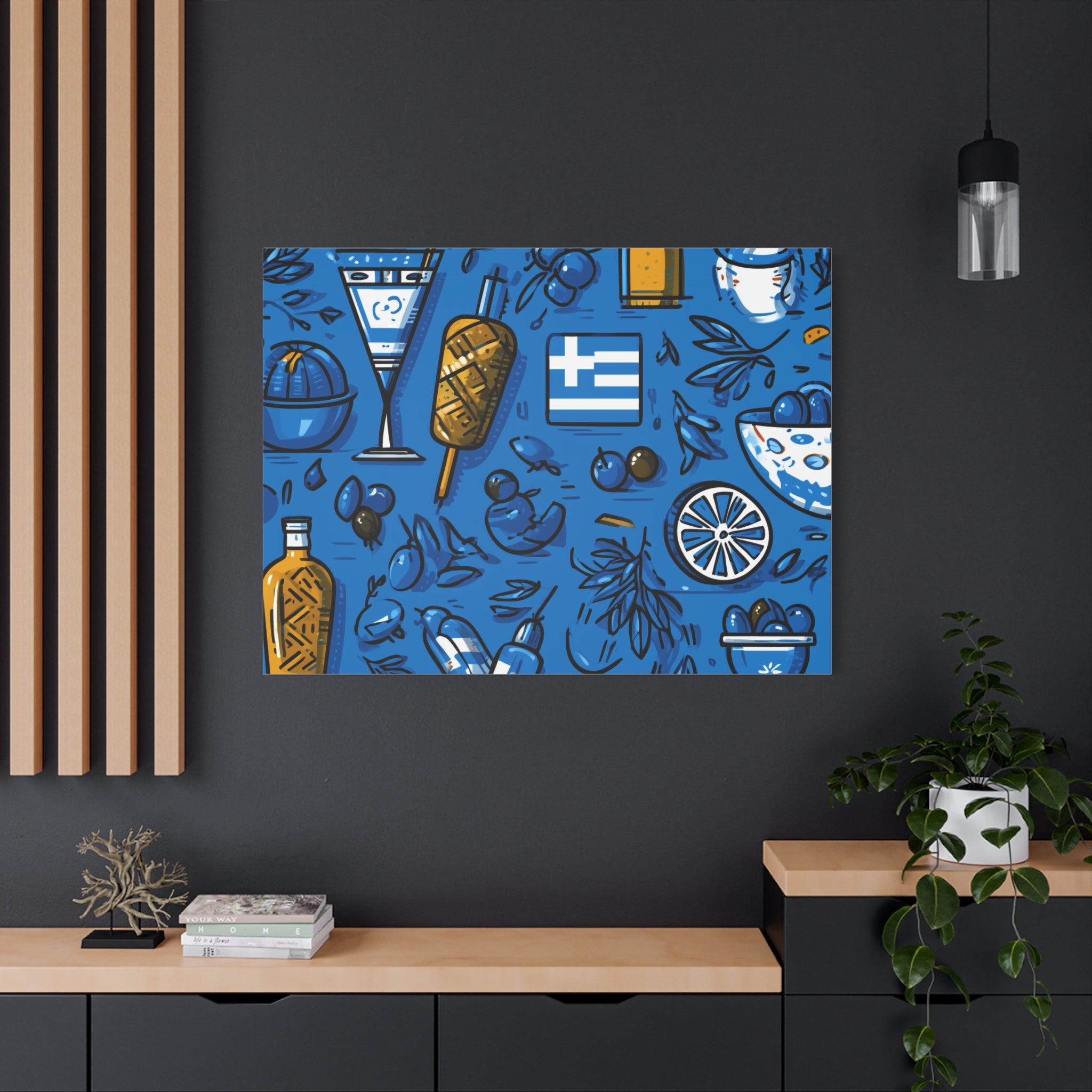 Vibrant Canvas Wall Art, Blue Mediterranean Theme, Kitchen Decor, Greek Party Decor, Olive and Drink Motif